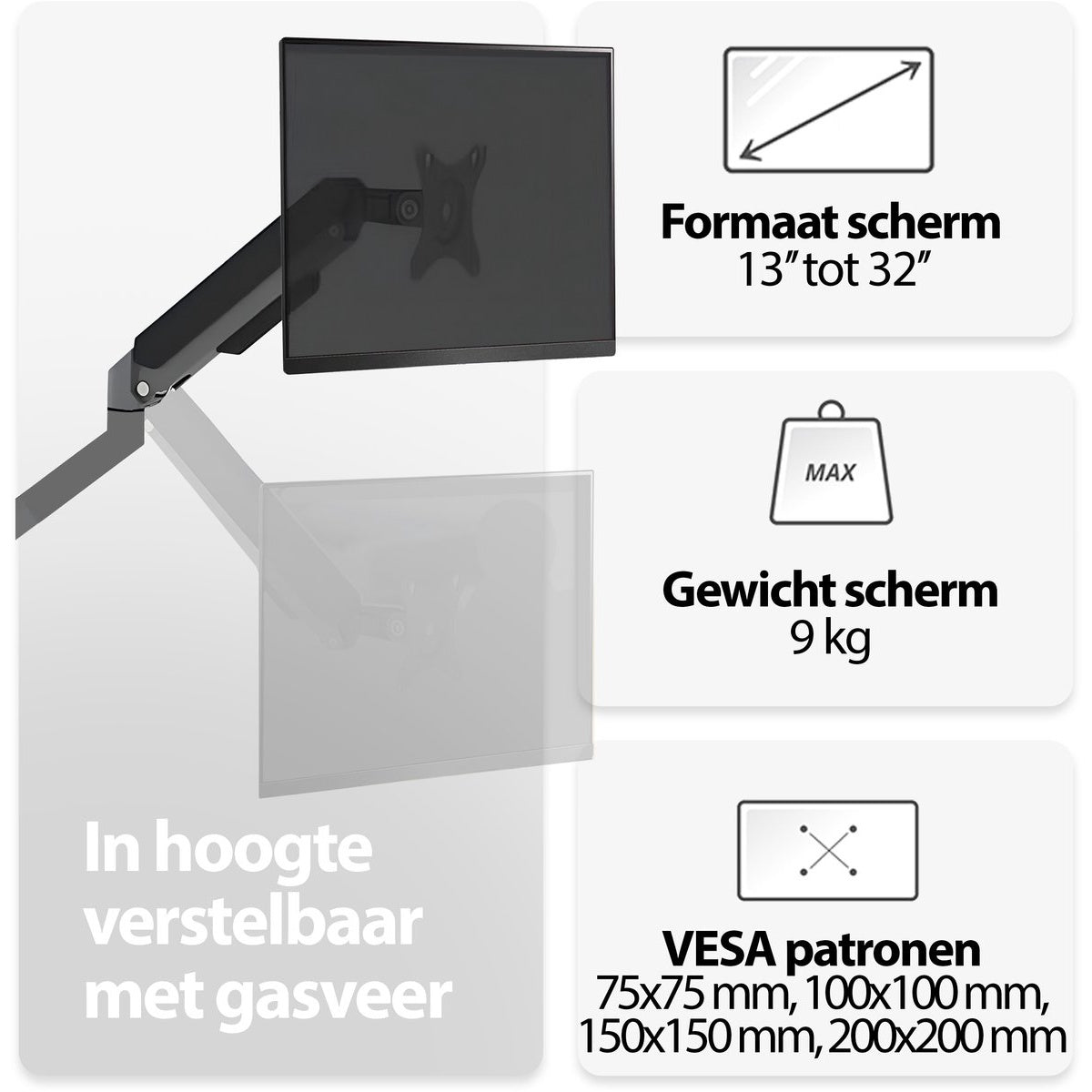 A monitor arm with a screen, size range 13"-32", max weight 9 kg, VESA patterns, and height adjustable with gas spring.
