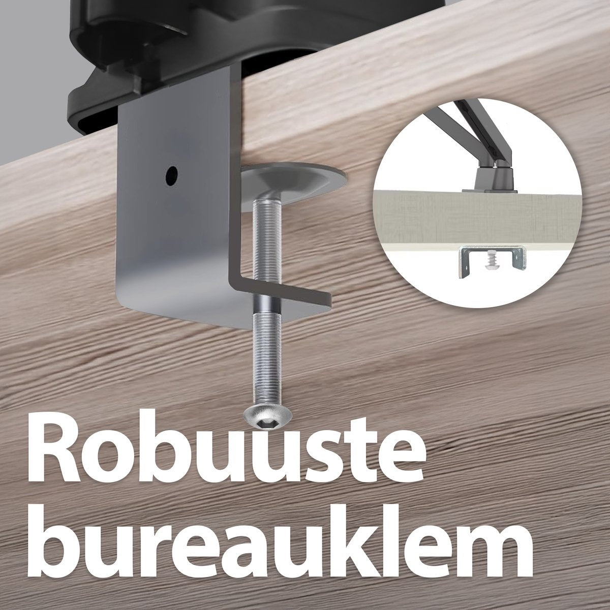 A desk clamp is attached to a wooden surface. A close-up shows the clamp's metal parts, including a screw and a small inset image.