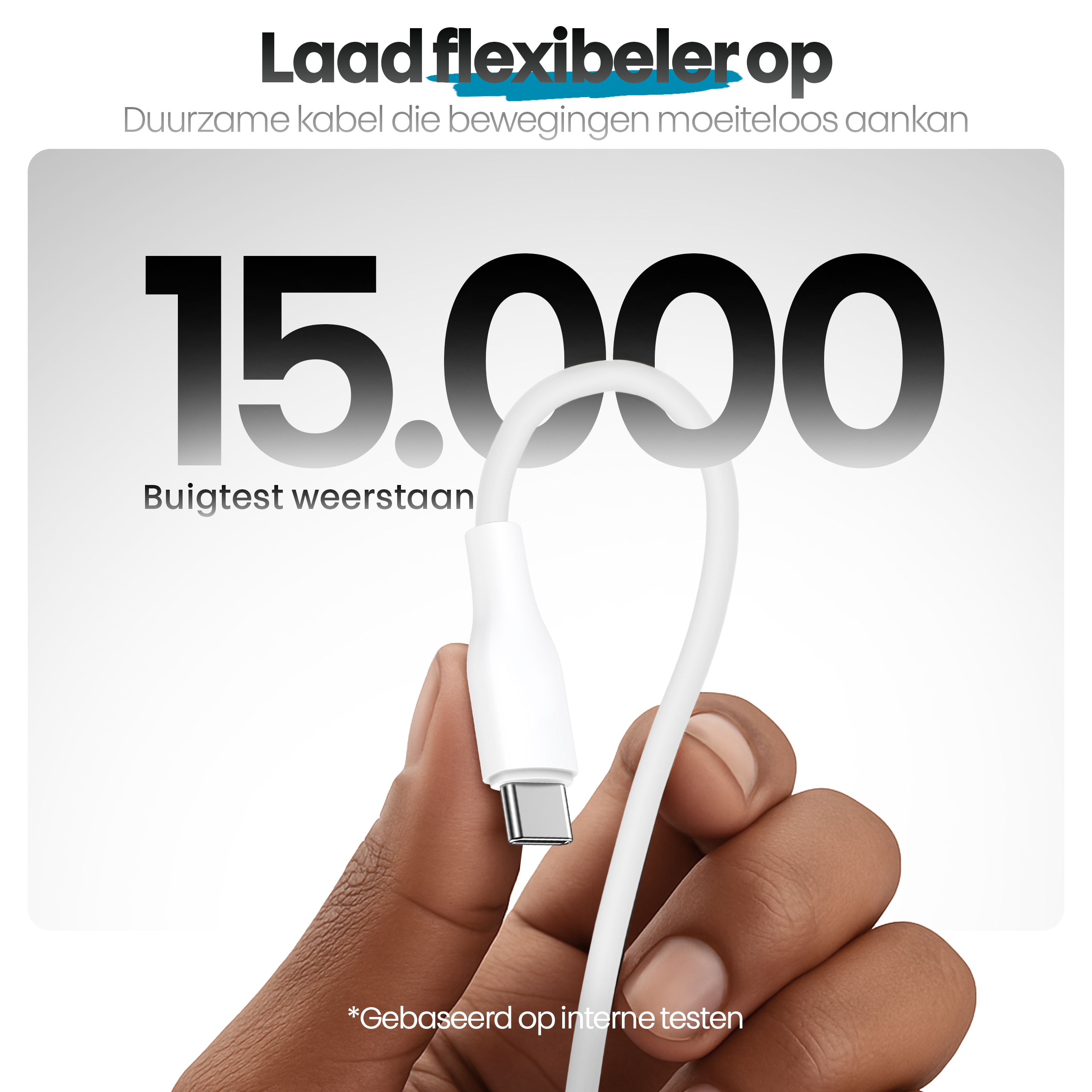 A hand holds a white USB-C cable. Text says 'Load more flexibly'. The number '15.000' is displayed.