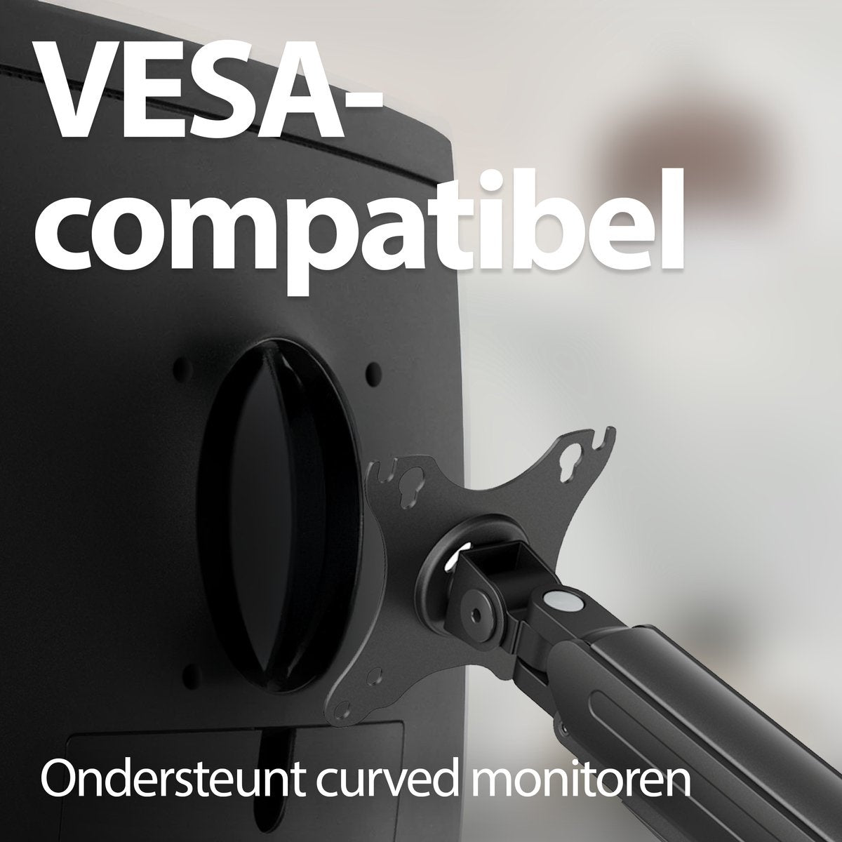 A black monitor mount with VESA-compatible text. Supports curved monitors. The mount has a black arm and a silver joint.