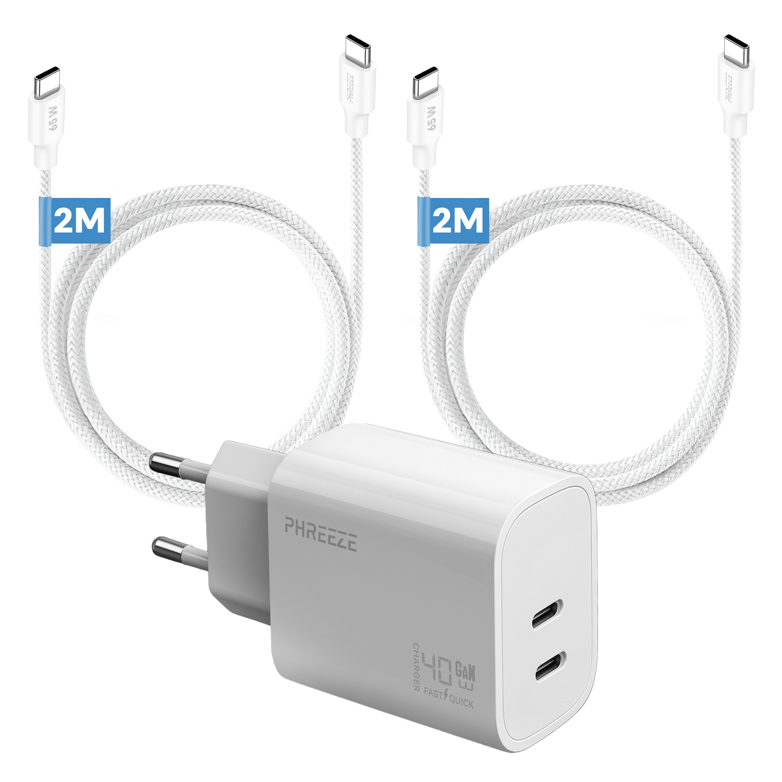 White charger with two USB-C ports, two white cables, and a plug. Cables are marked with 2M and 65W.
