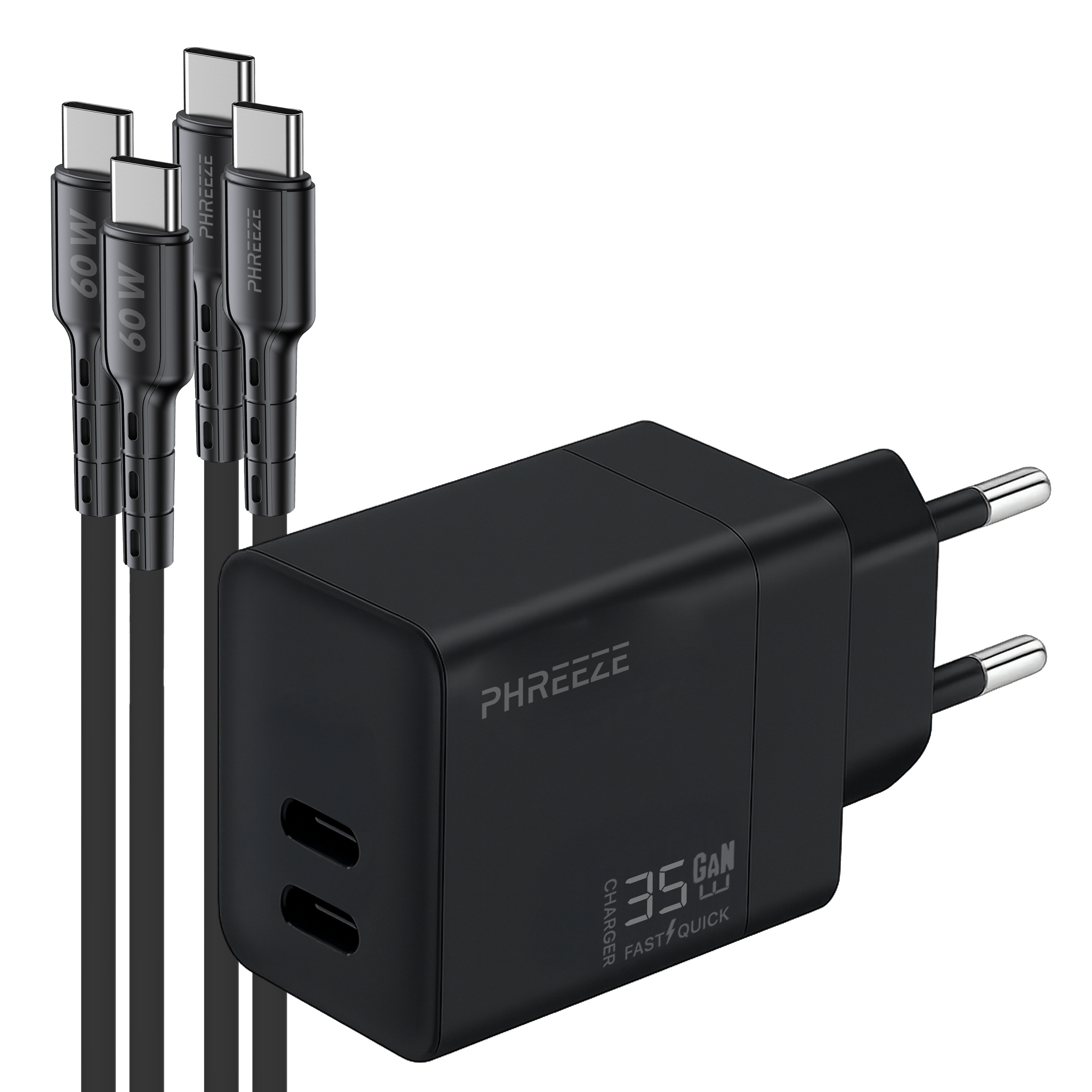 Black charger with three USB-C cables. Charger has two ports, and displays 35W and 'FAST/QUICK'. Charger has plug.