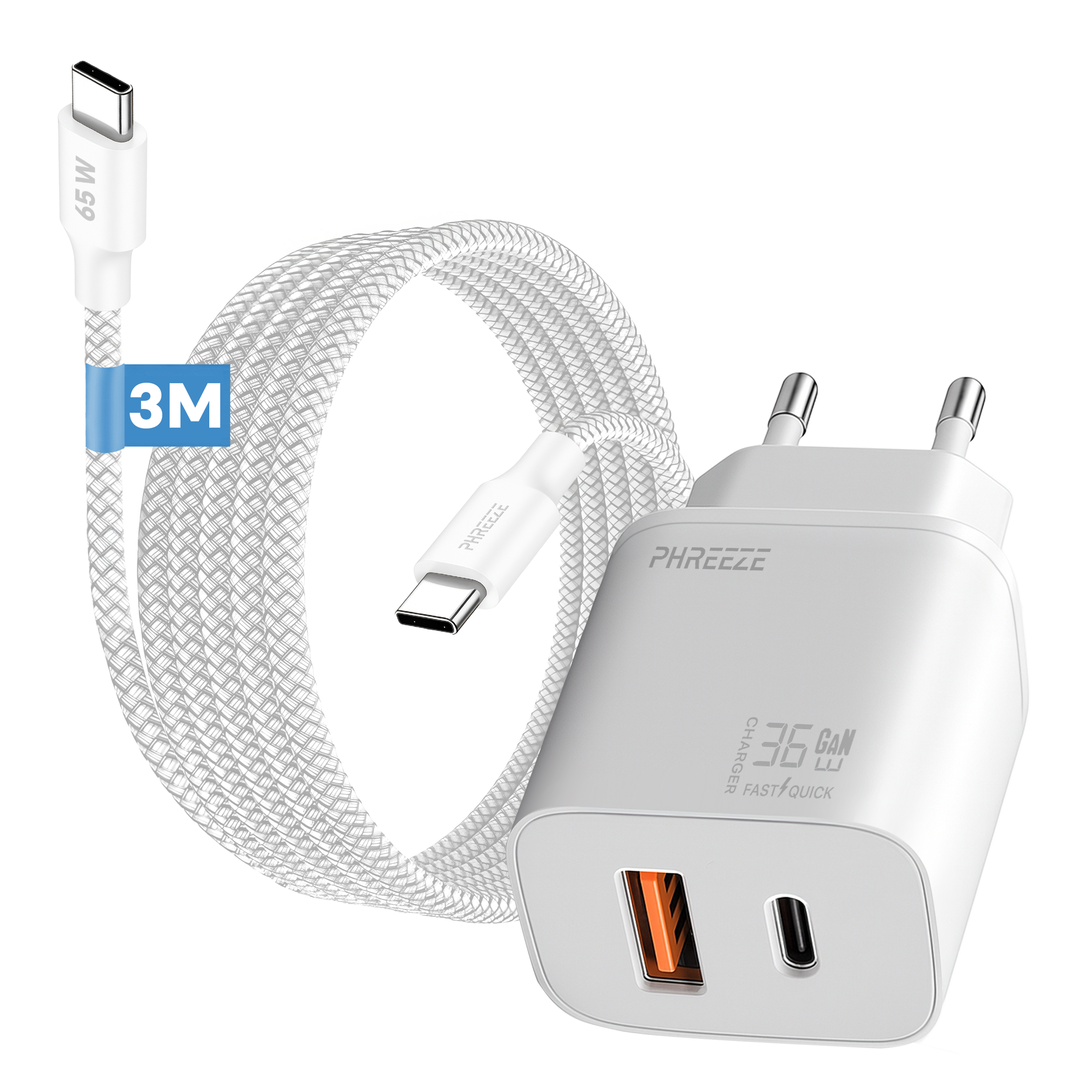White charger with cable, 65W, and 3M length. Charger has a USB-C port and orange detail. White background.