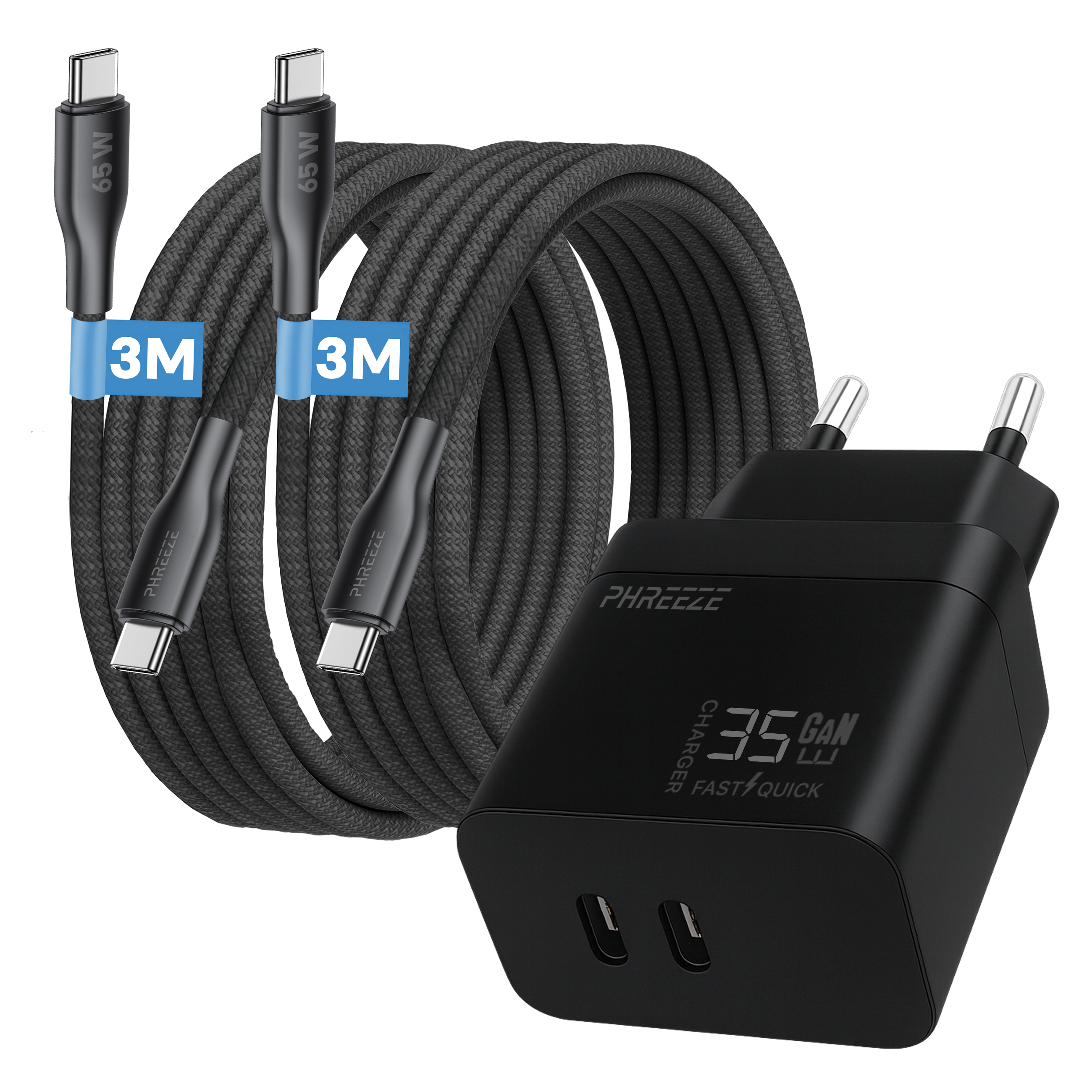 A black charger with two cables and a power adapter. Cables have 65W and 3M labels. Charger has 35W GAN Fast Quick.