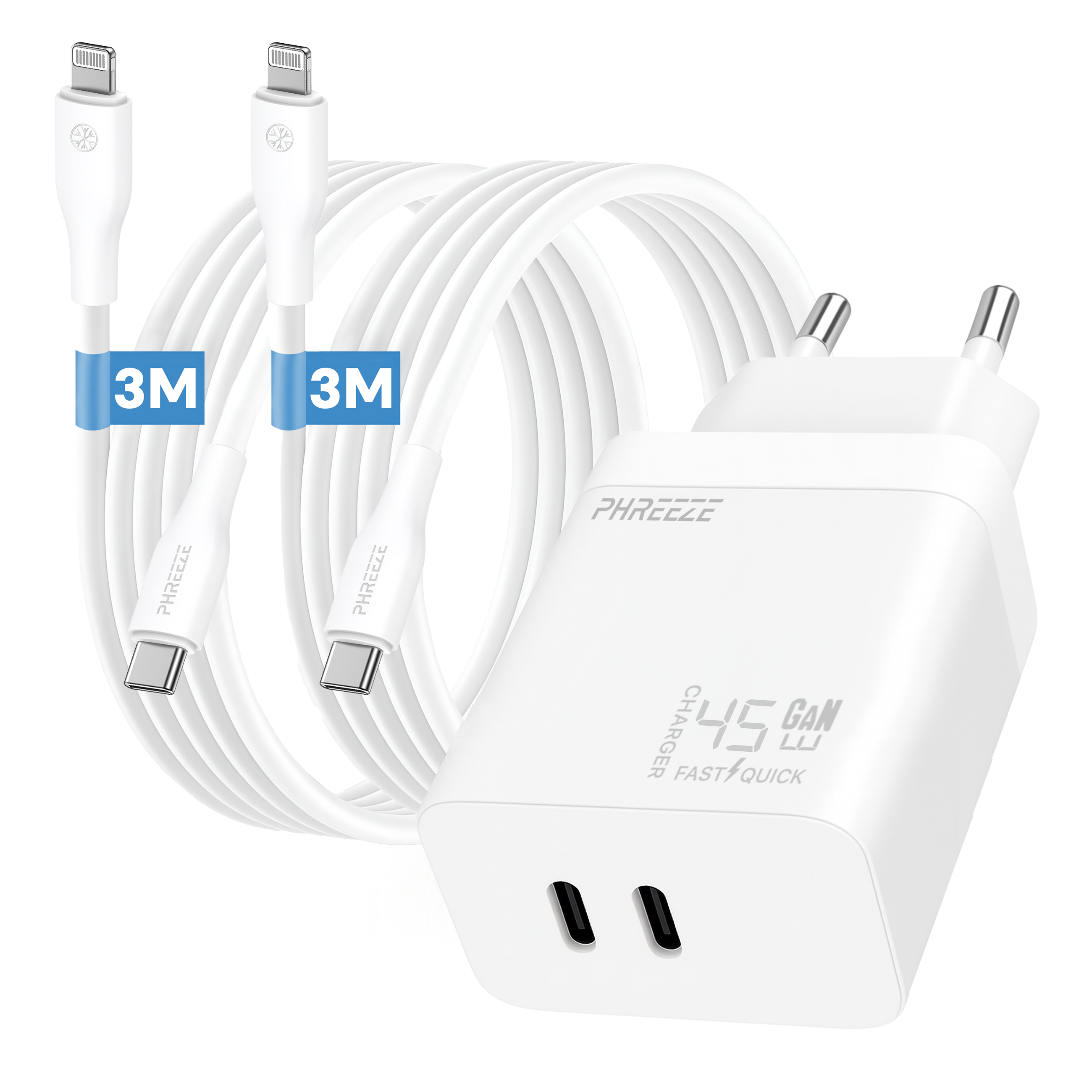 Witte oplader met kabels. Kabels hebben 3M labels. Oplader heeft twee poorten en een display met 45W GAN.