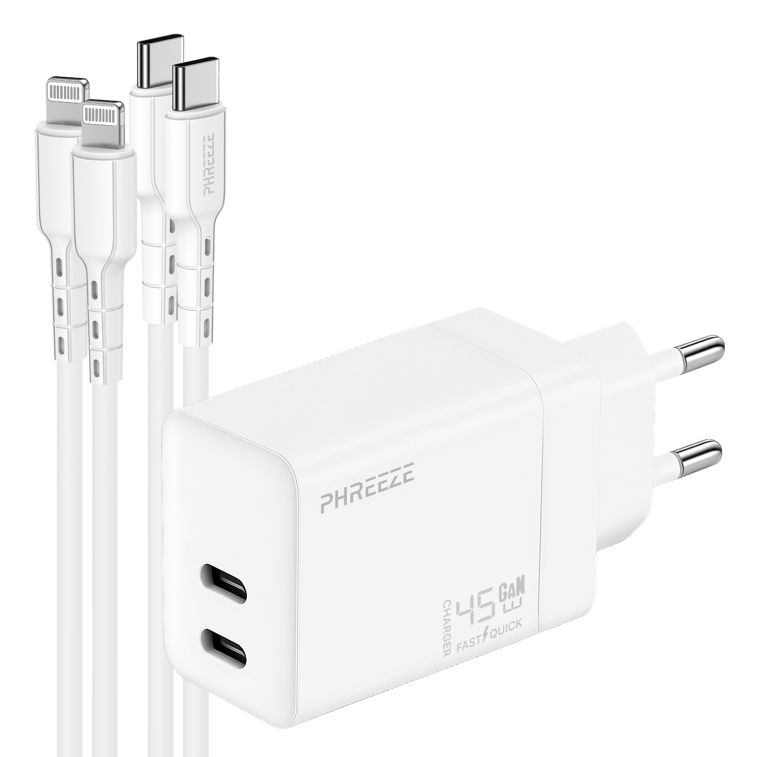 Witte oplader en kabels. De oplader heeft twee USB-C-poorten. Kabels bevatten Lightning- en USB-C-connectoren.