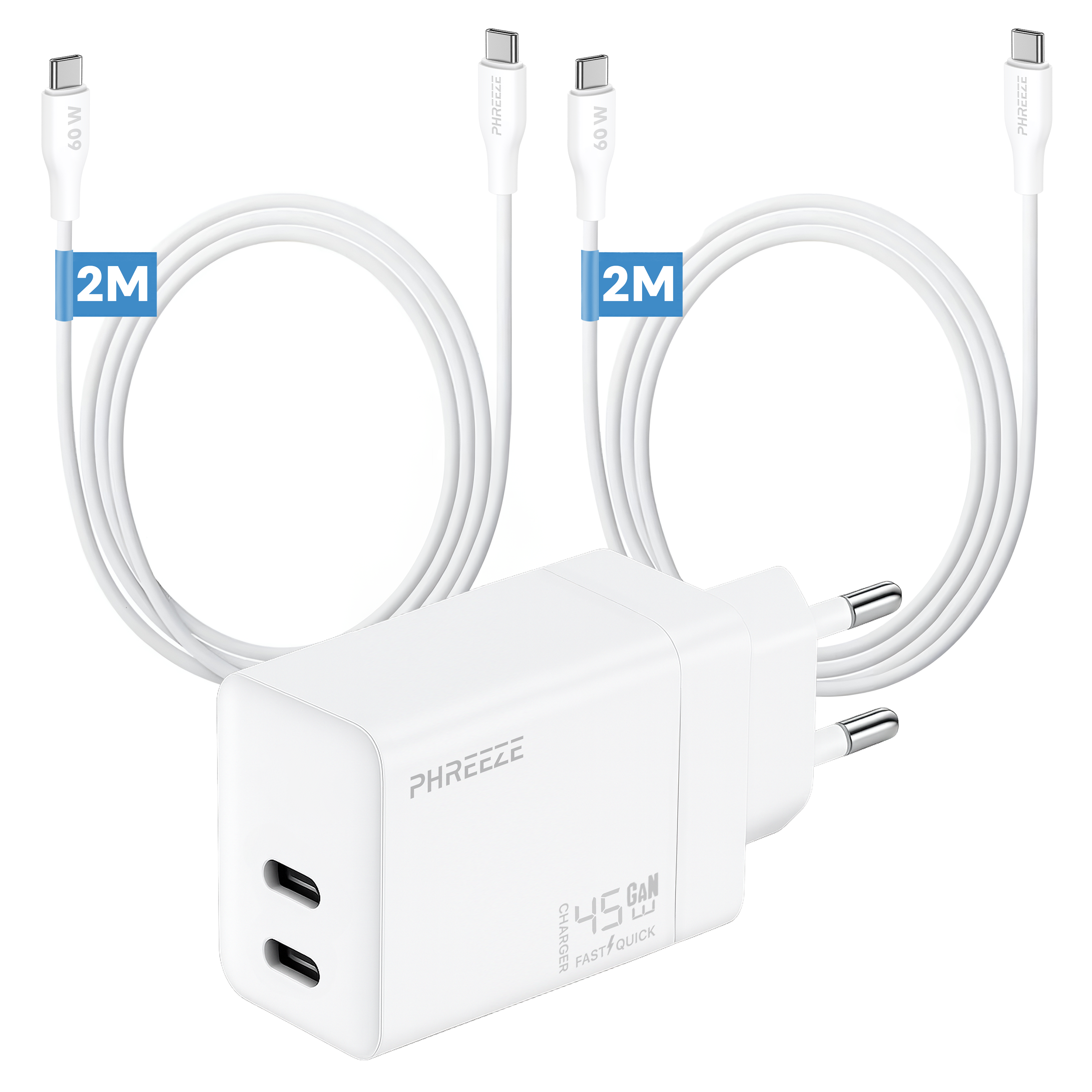 White charger with two USB-C ports, two white cables, and a plug. Cables have 2M labels and 60W text.