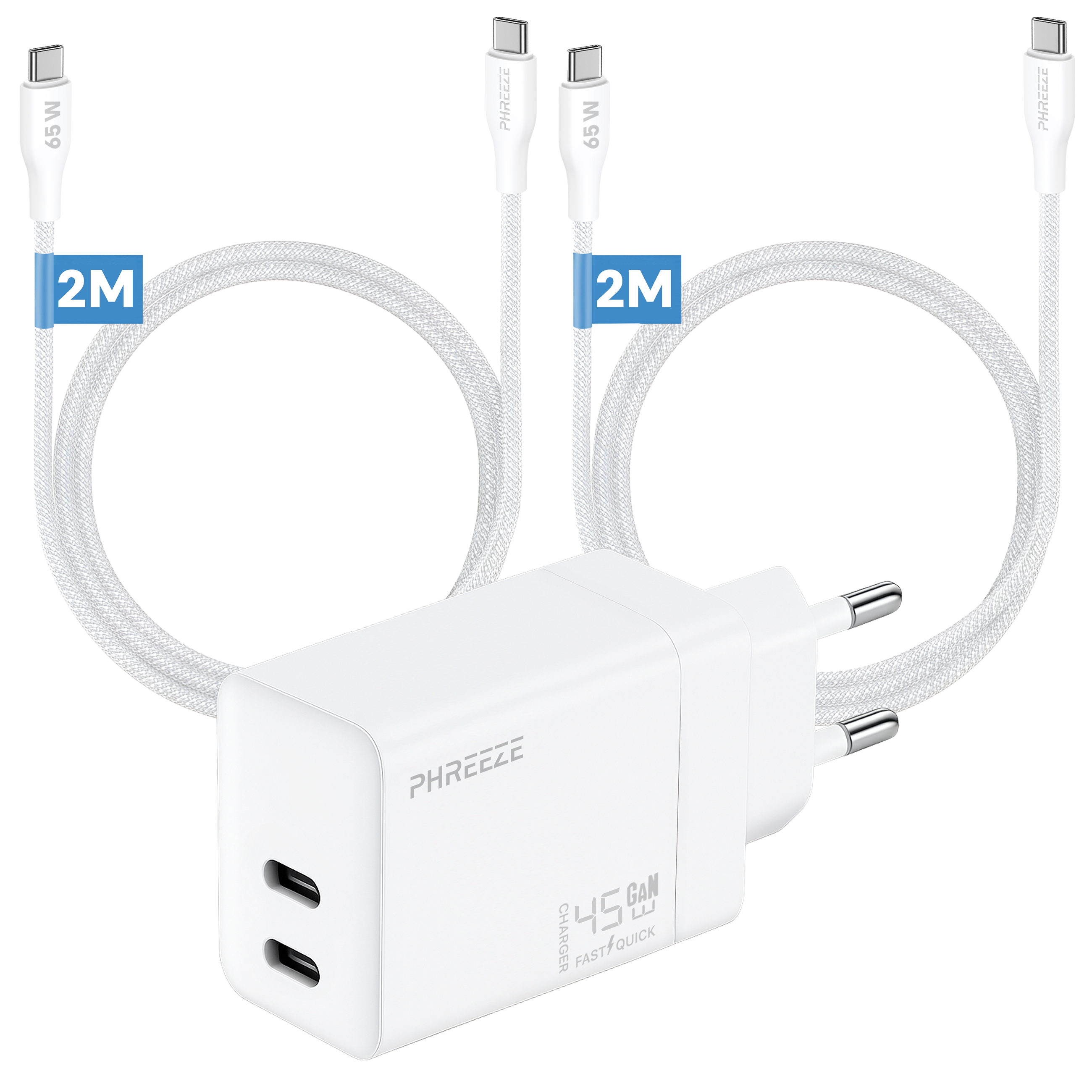 A white charger with two USB-C ports, with two white cables. The charger has the brand PHREEEZE on it.