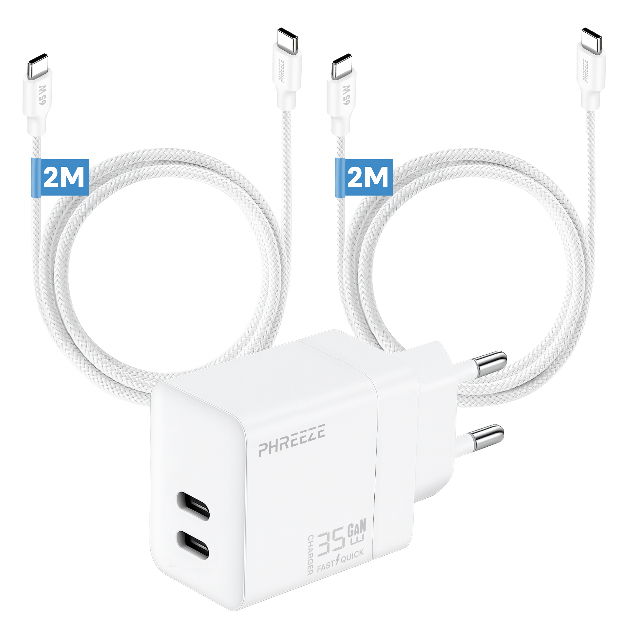 A white charger with two USB-C ports and two white braided cables. Cables have 2M labels and 65W labels.