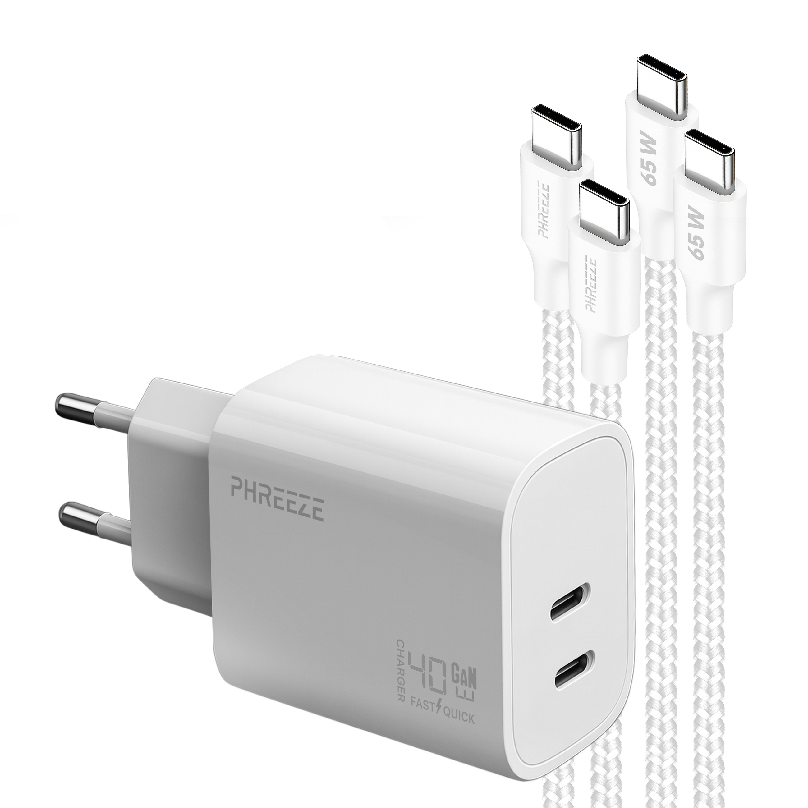White charger with three USB-C cables. The charger has the brand name and 40W, fast charging. Cables have 65W.