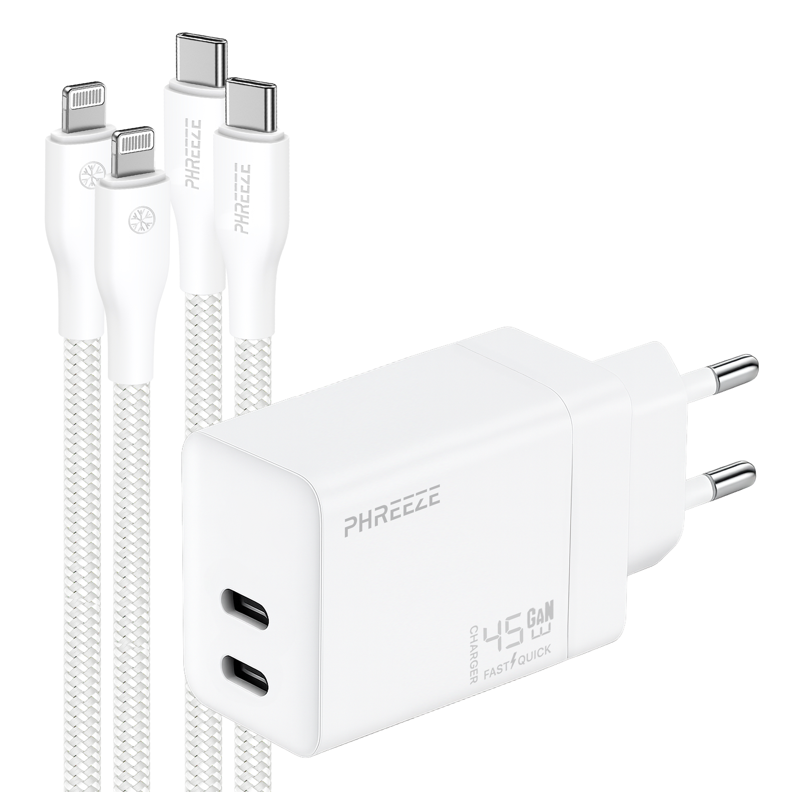 Witte oplader en kabels. Oplader heeft twee USB-C poorten, 45W. Kabels zijn wit, gevlochten, met USB-C en Lightning connectoren.
