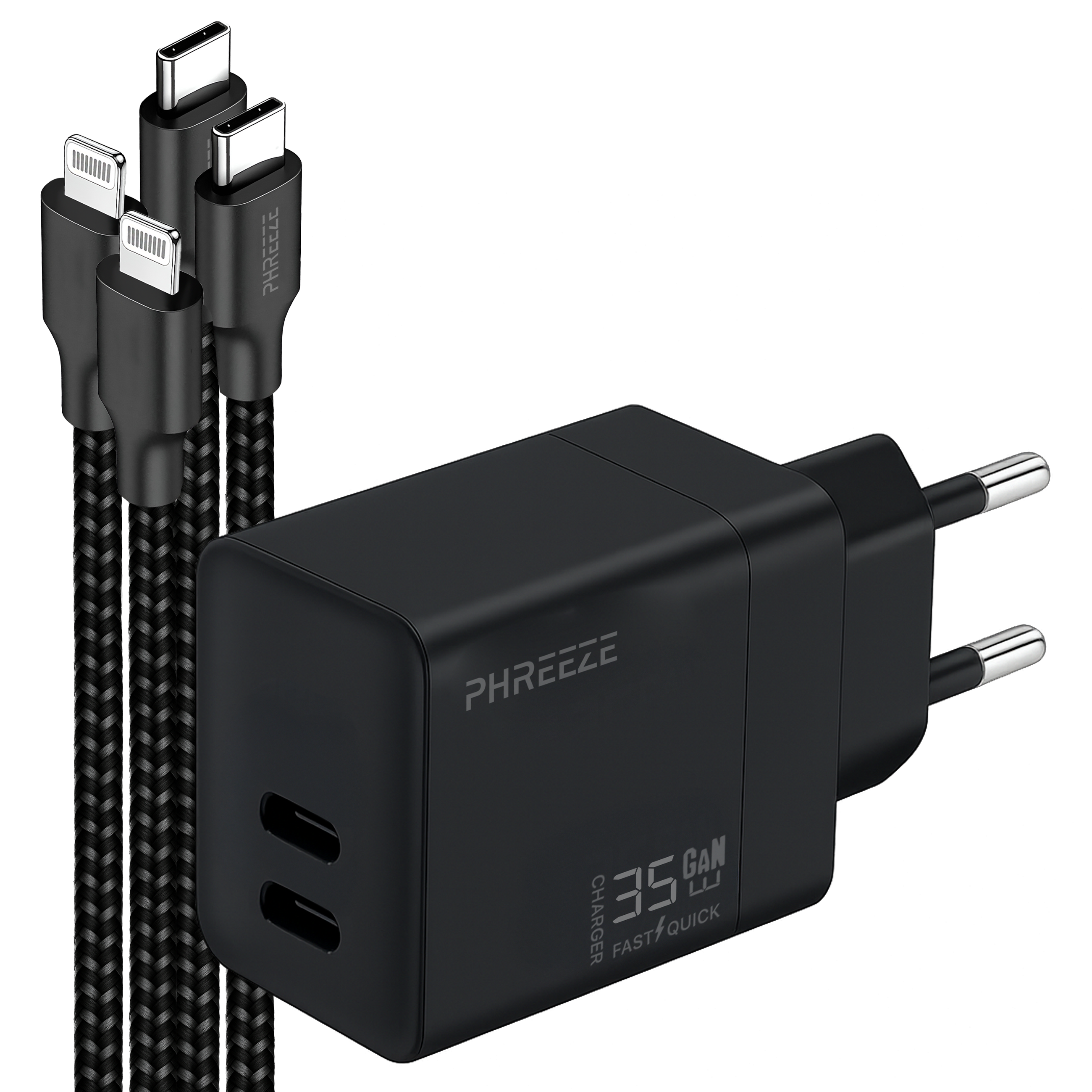 Zwarte oplader met drie kabels. De oplader heeft een stekker en twee USB-C poorten. Kabels zijn Lightning en USB-C.