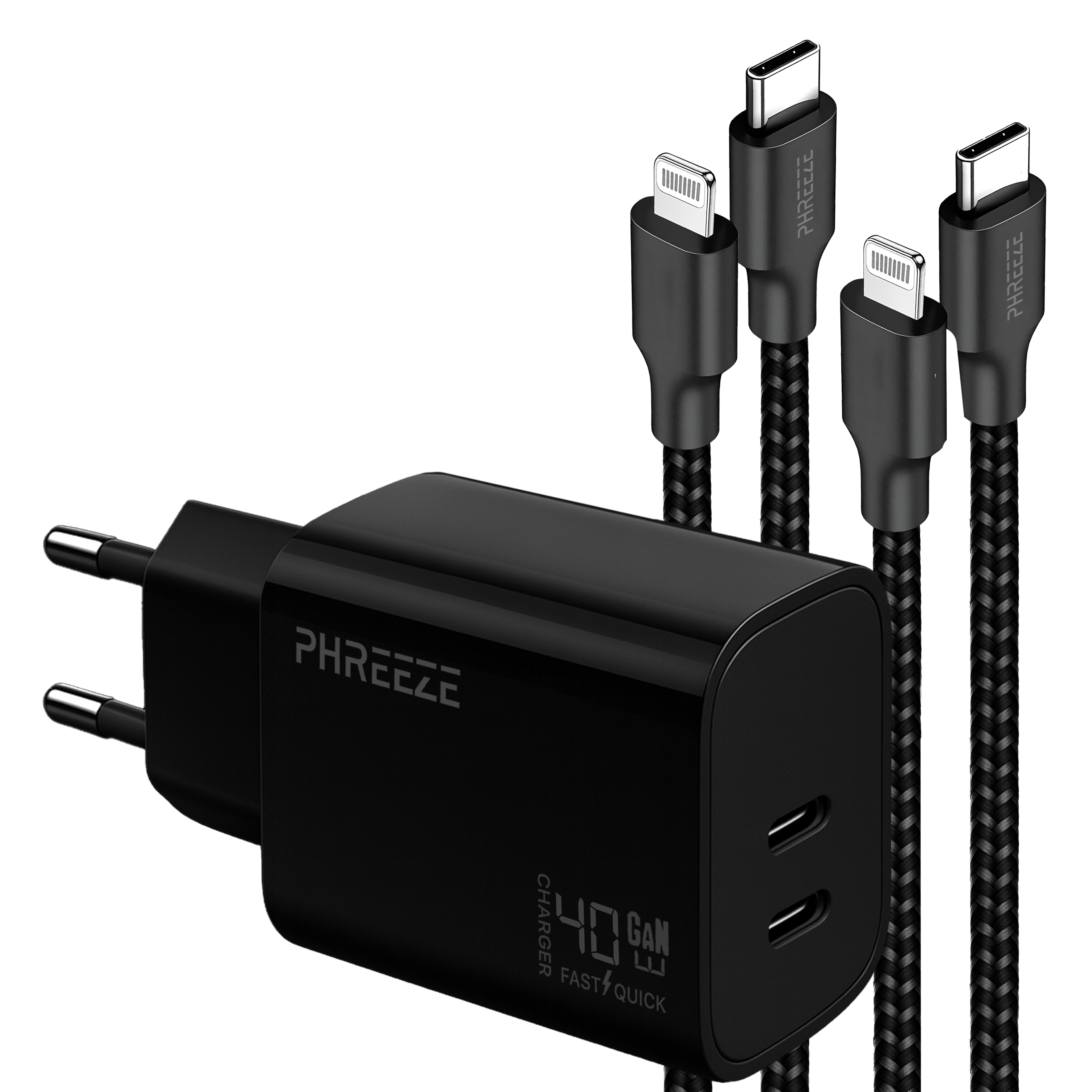 Een zwarte oplader met meerdere kabeltypen: USB-C, Lightning. De oplader heeft de merknaam en een oplaadcapaciteit van 40W.