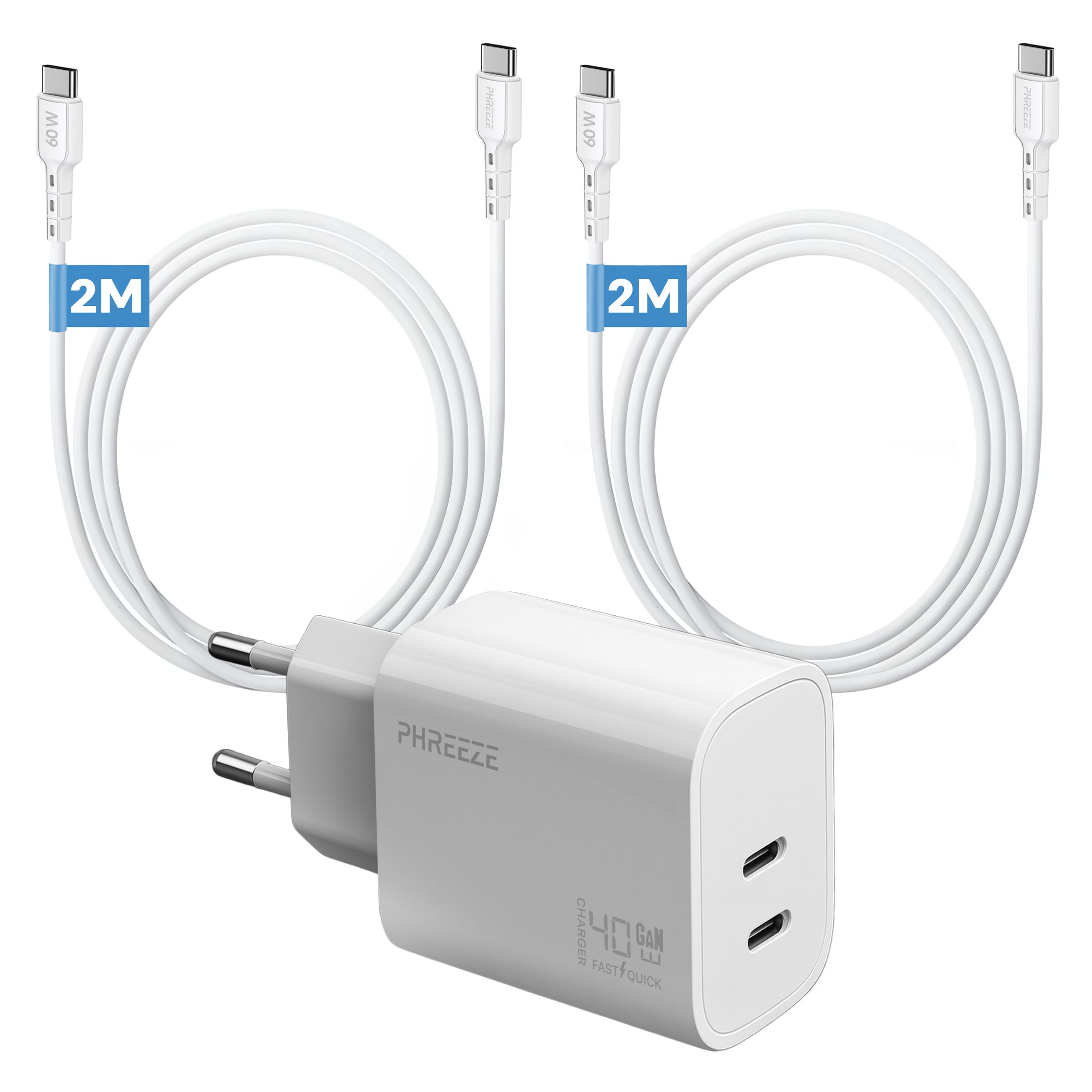 Image shows a white charger with two USB-C ports, two white cables, each marked 2M, and a white power adapter.