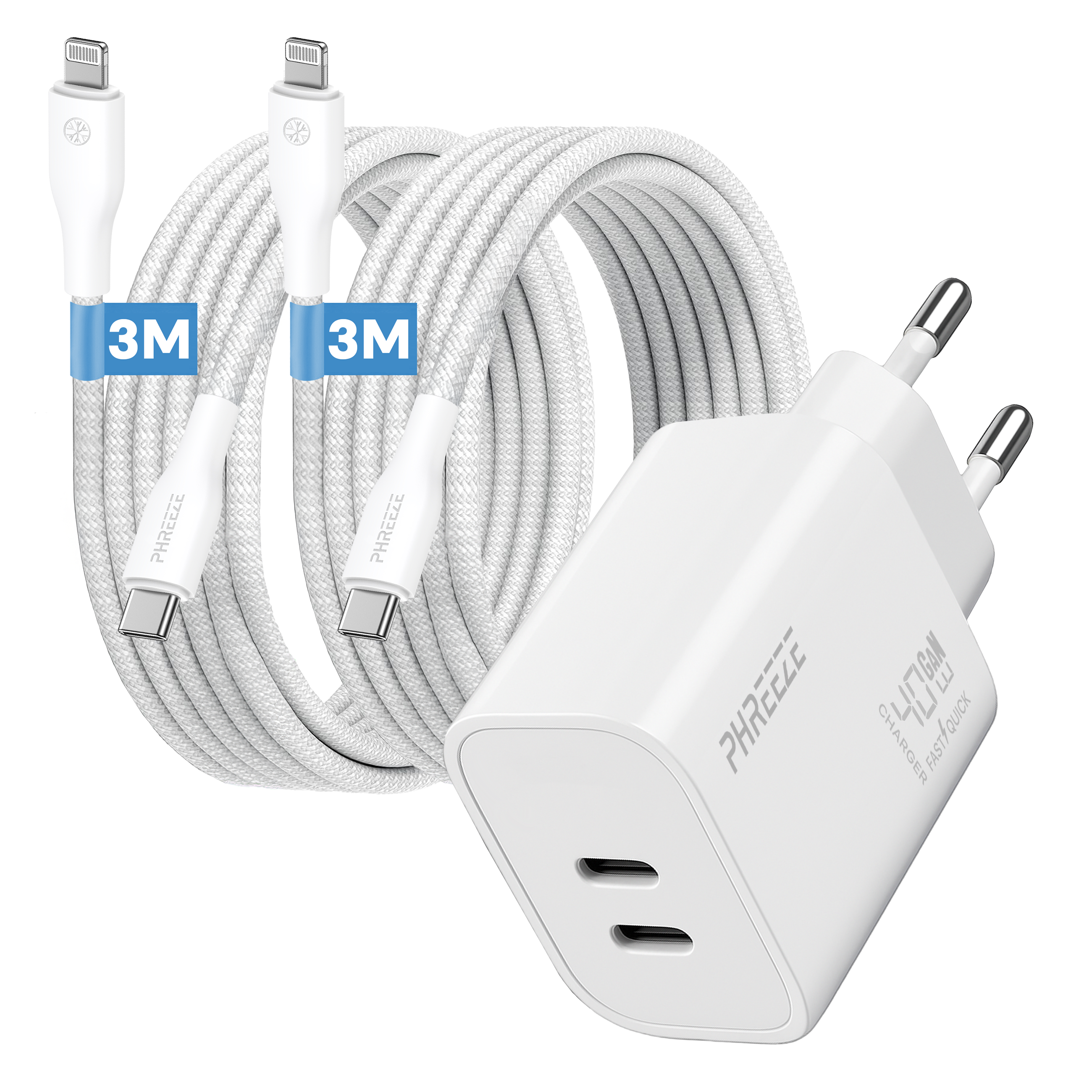 Witte oplader met twee kabels. Kabels hebben een witte gevlochten textuur en 3M-labels. Oplader heeft twee poorten.