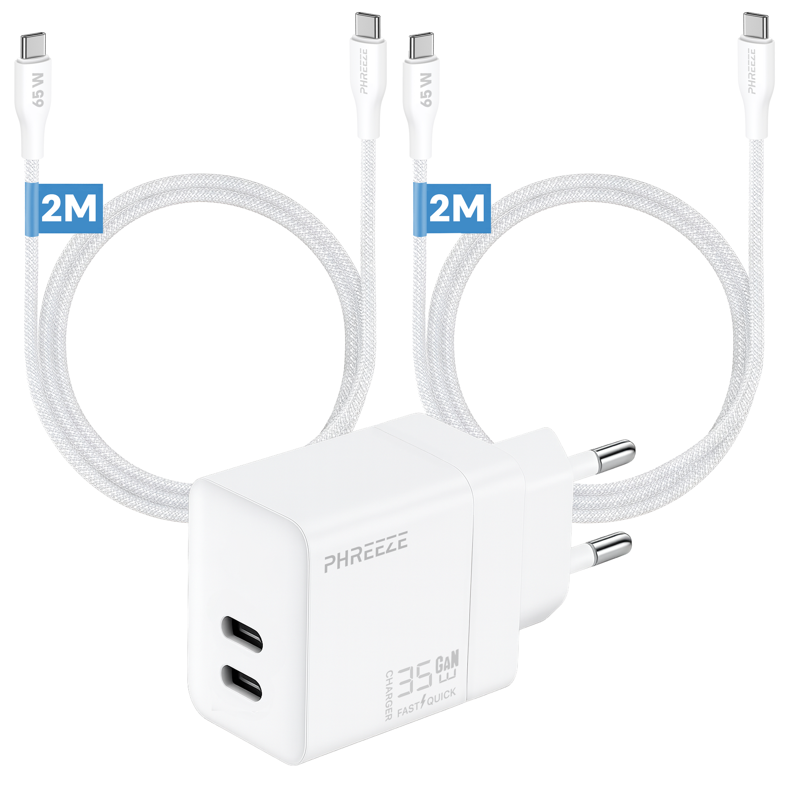 White charger with two USB-C ports and two 2M white cables with USB-C connectors. The charger has "PHREEZE" printed on it.