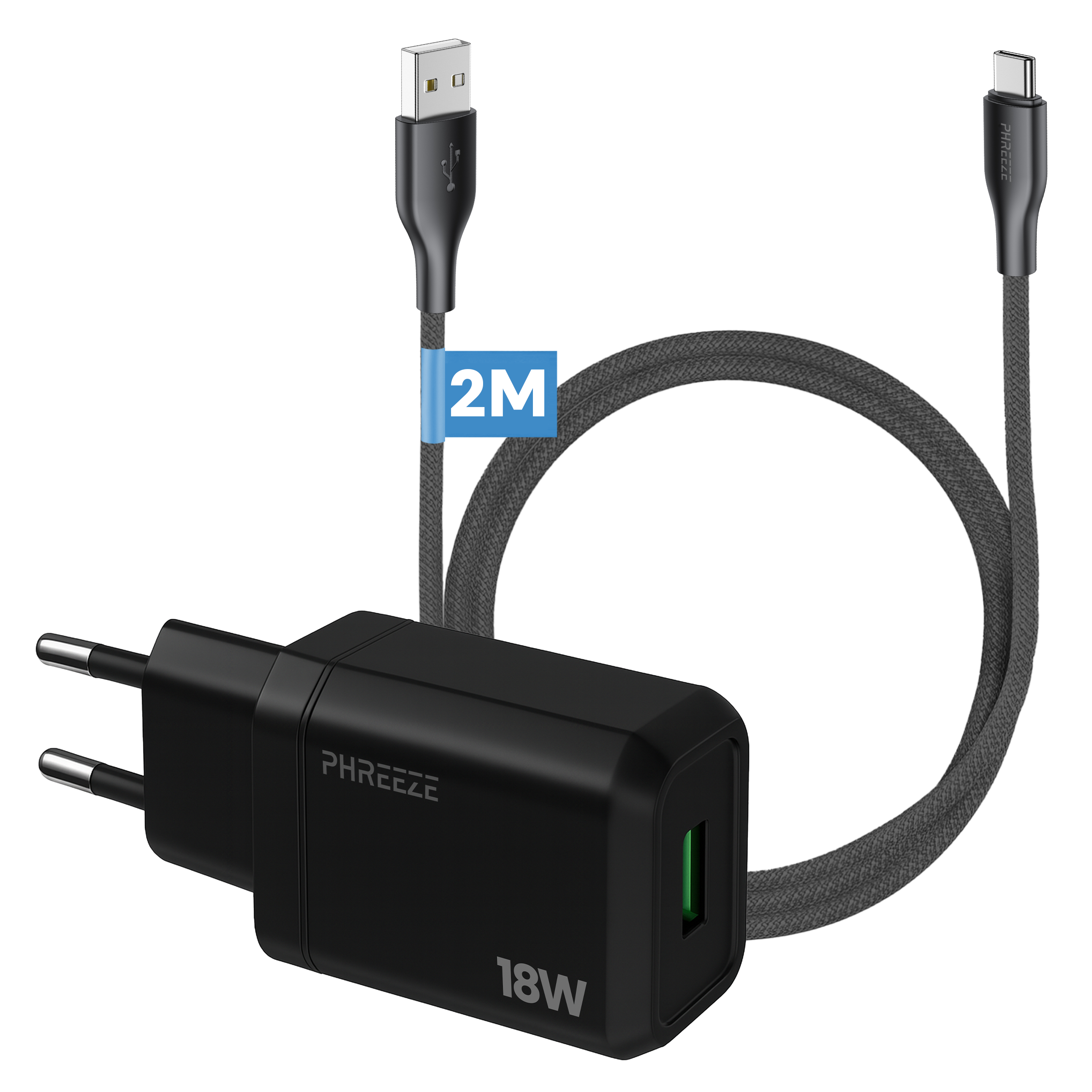 Zwarte oplader met een 2M USB-C-kabel. Het heeft een USB-A en USB-C uiteinde. De oplader is gemarkeerd met 18W en de merknaam.