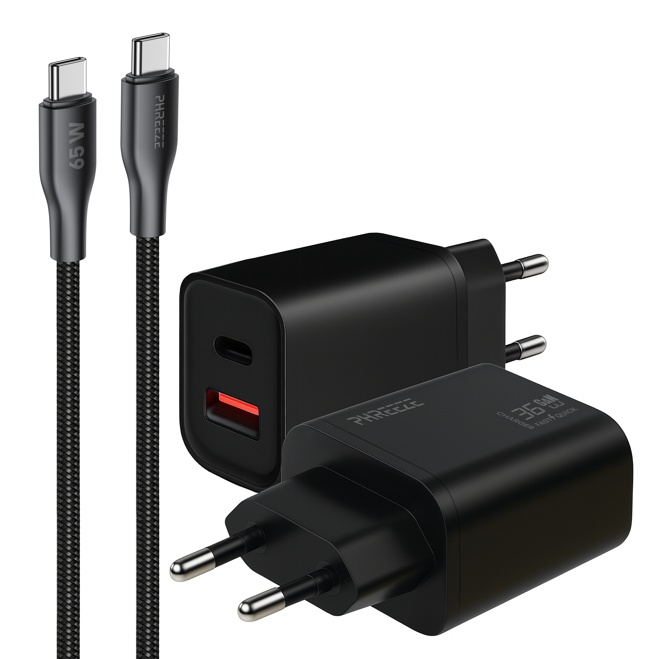 Image shows two black USB-C cables and two black power adapters. Cables have 65W, adapters have charging info.