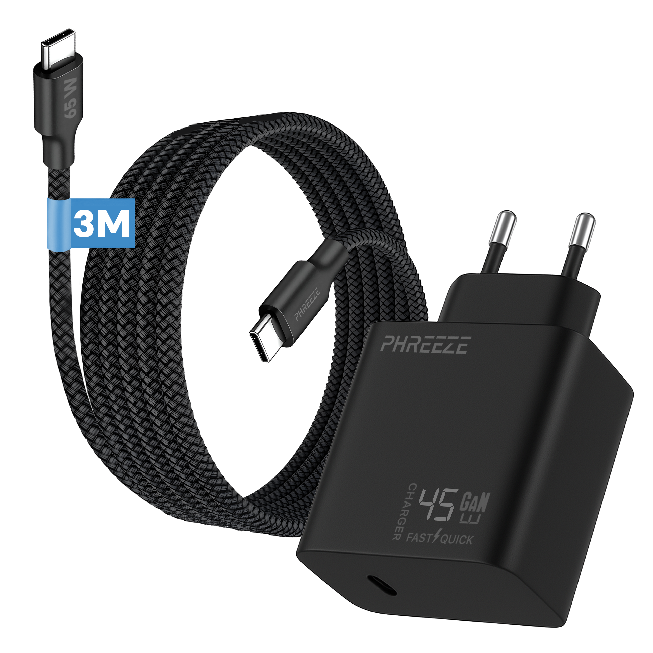 A black charger with a braided cable. The charger has a USB-C port and a plug. The cable says 3M.