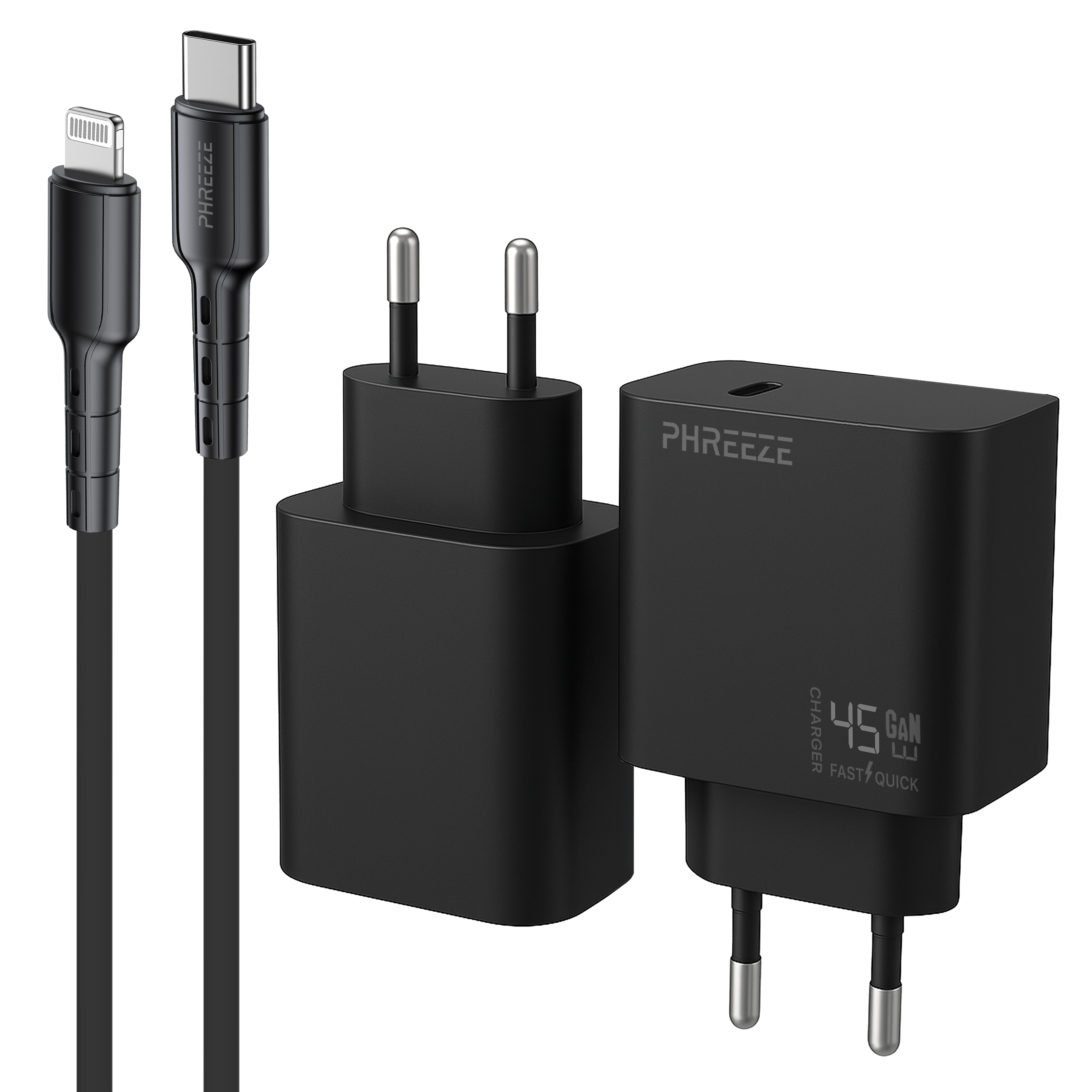 Zwarte opladers en kabels op wit. Bevat een USB-C-kabel, een lightning-kabel en twee voedingsadapters.