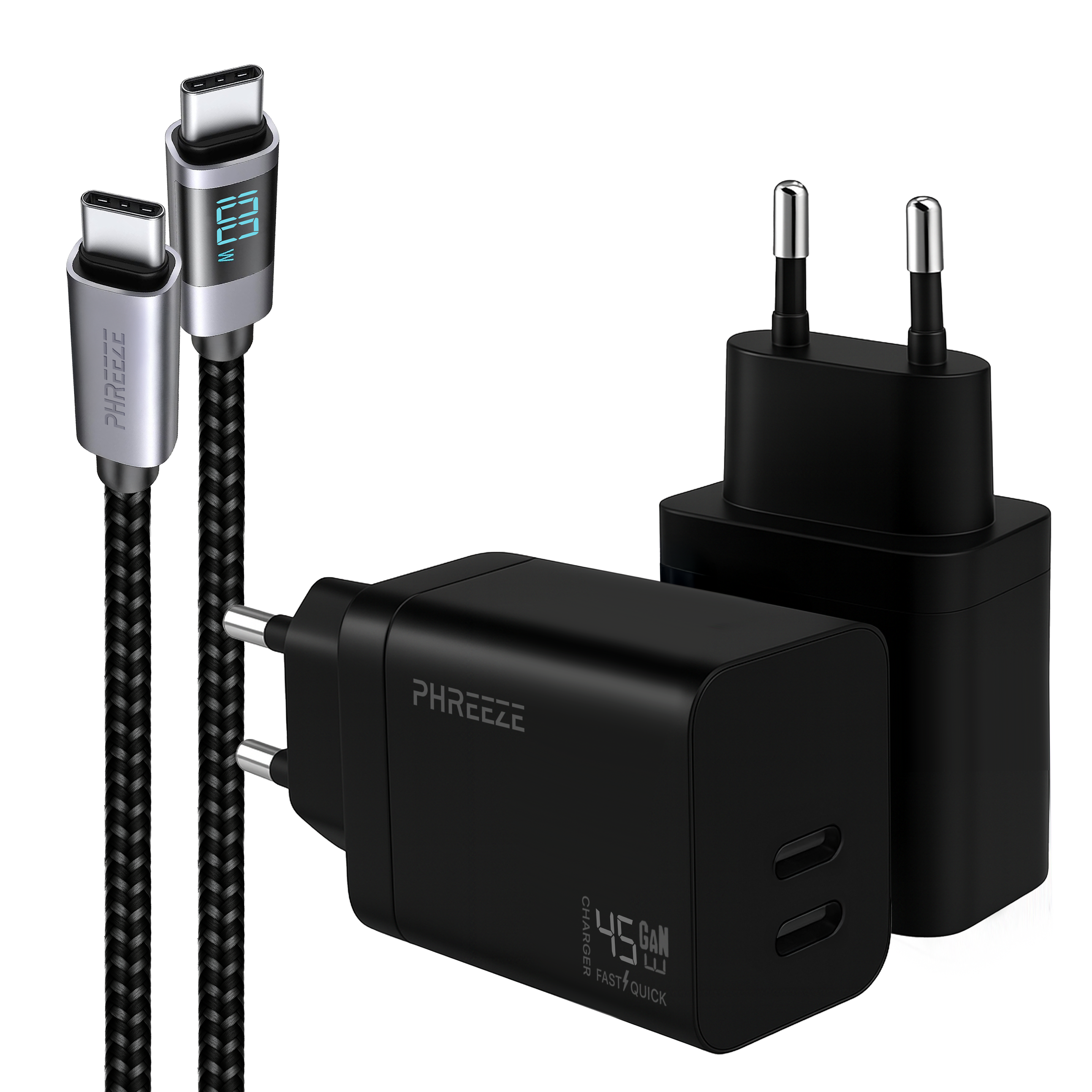 Afbeelding toont een zwarte oplader, een kabel en twee stopcontacten. De oplader en stekkers zijn zwart. De kabel is grijs en zwart.