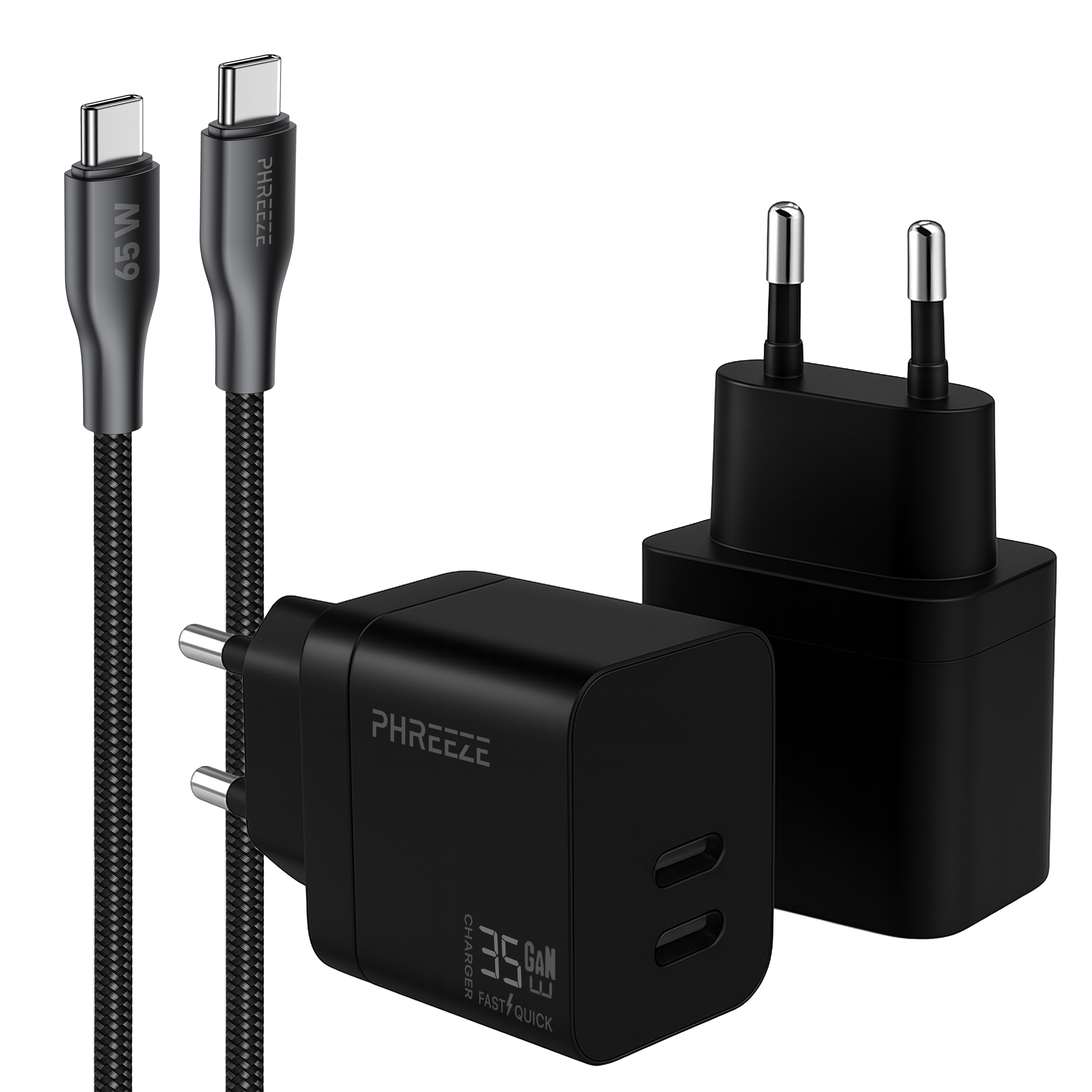 Image shows black chargers, cables, and power adapters. Two cables are on the left, and two chargers and an adapter are on the right.