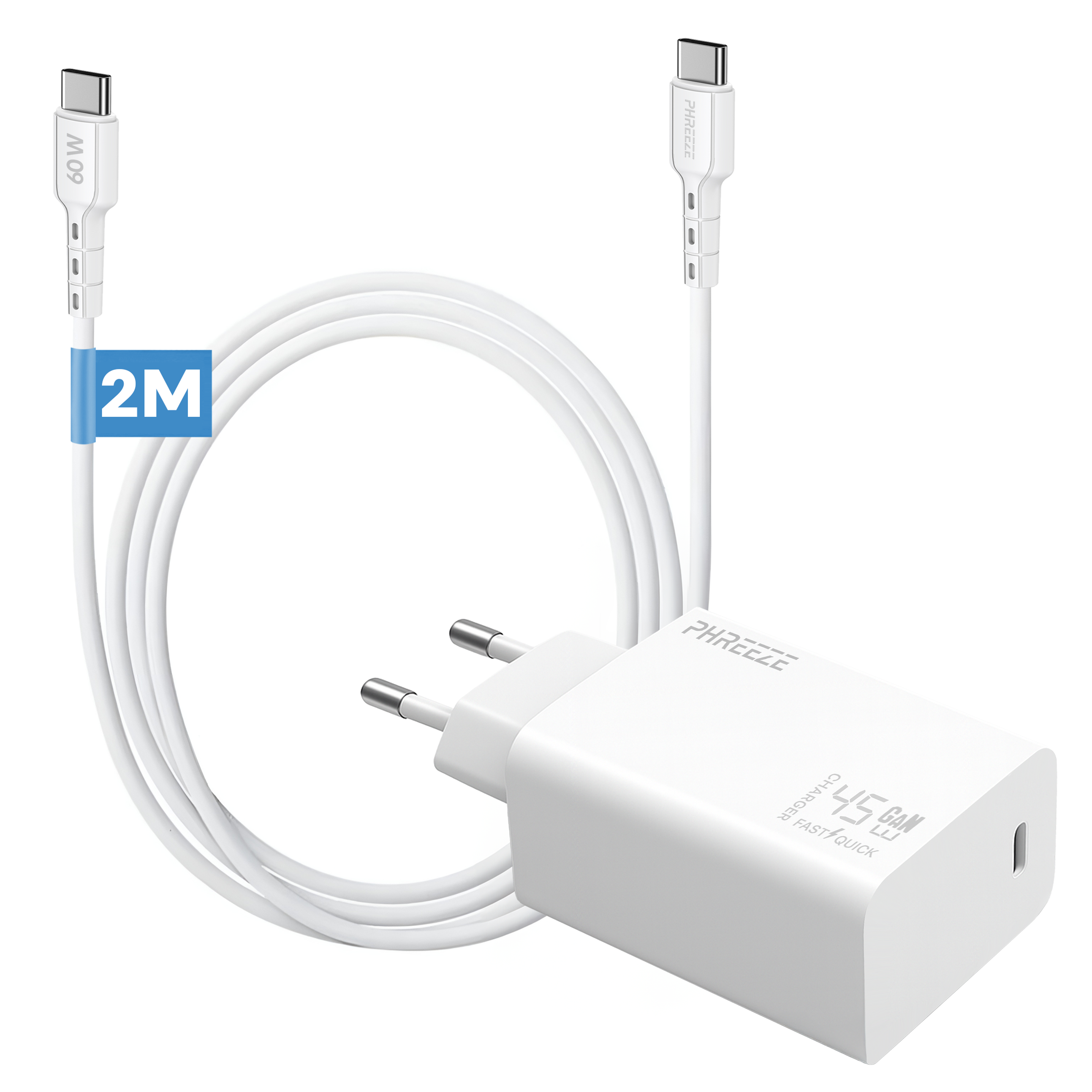 White phone charger with a cable. The charger is connected to a white cable with a 2M label.