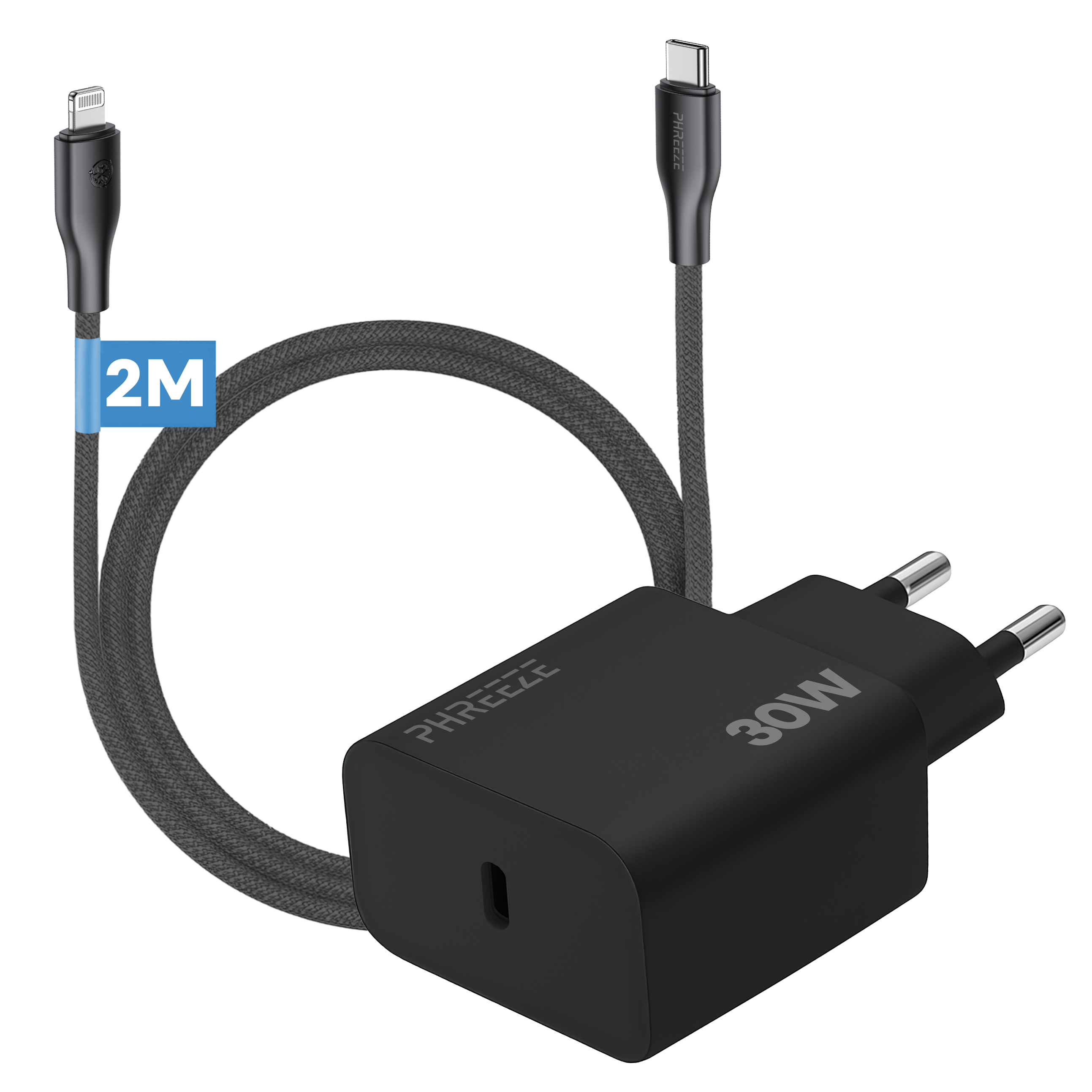 Zwarte oplader met een gevlochten kabel van 2M. De oplader toont "30W" en het merk "PHREZEE".