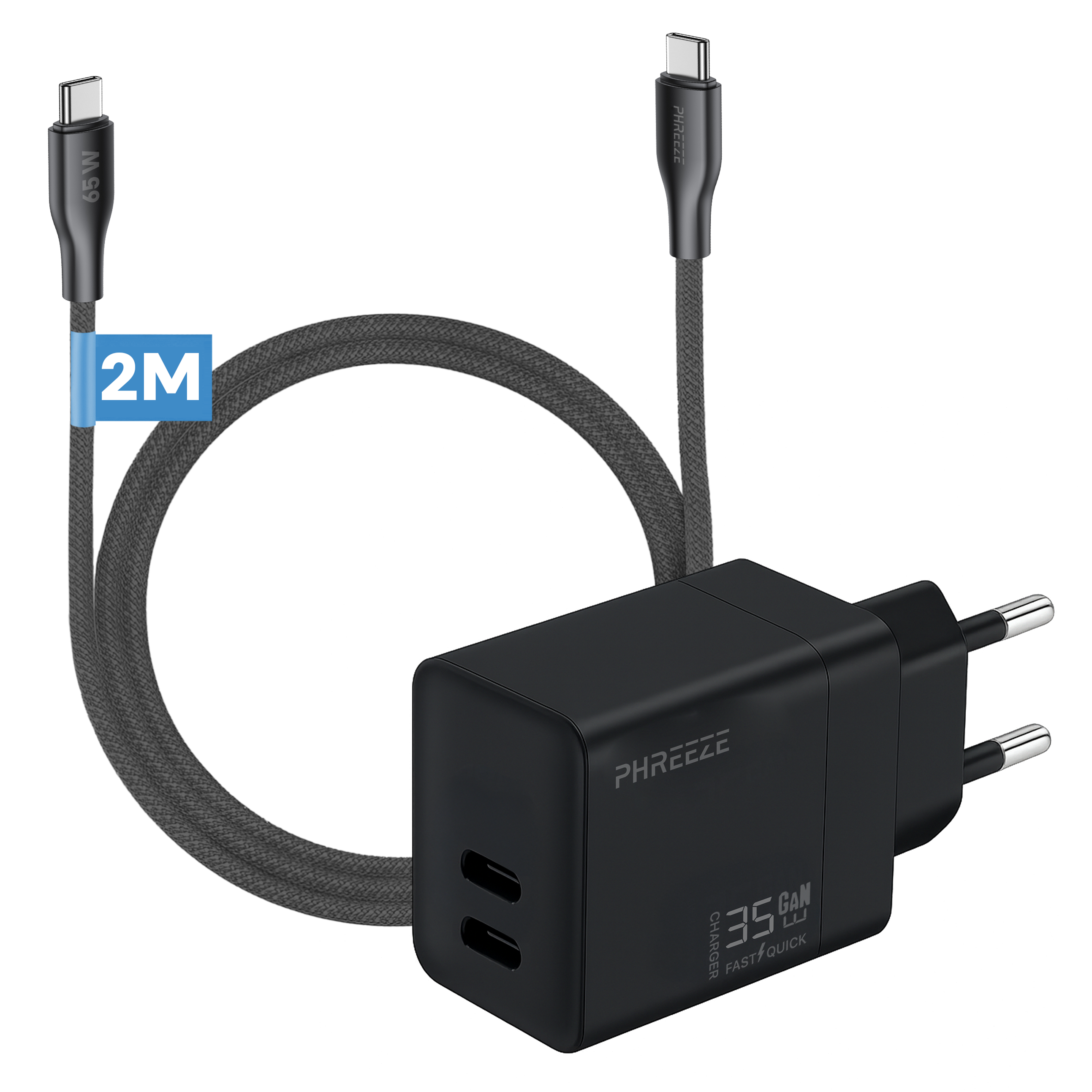 A black charger with two USB-C ports, a 2M long grey cable, and a two-pin plug.