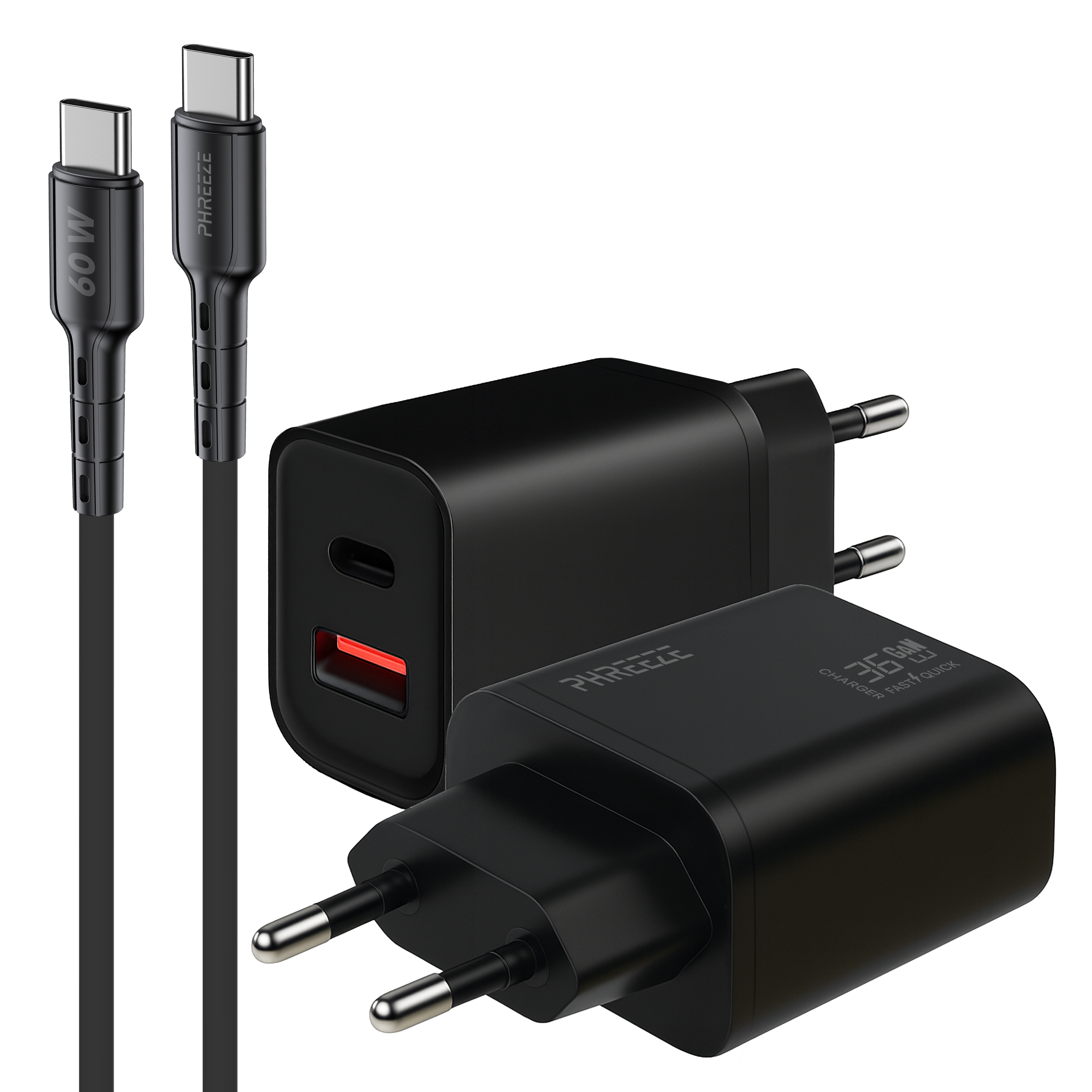 Image shows black chargers and cables. Two cables with USB-C connectors. Two chargers with European plugs.
