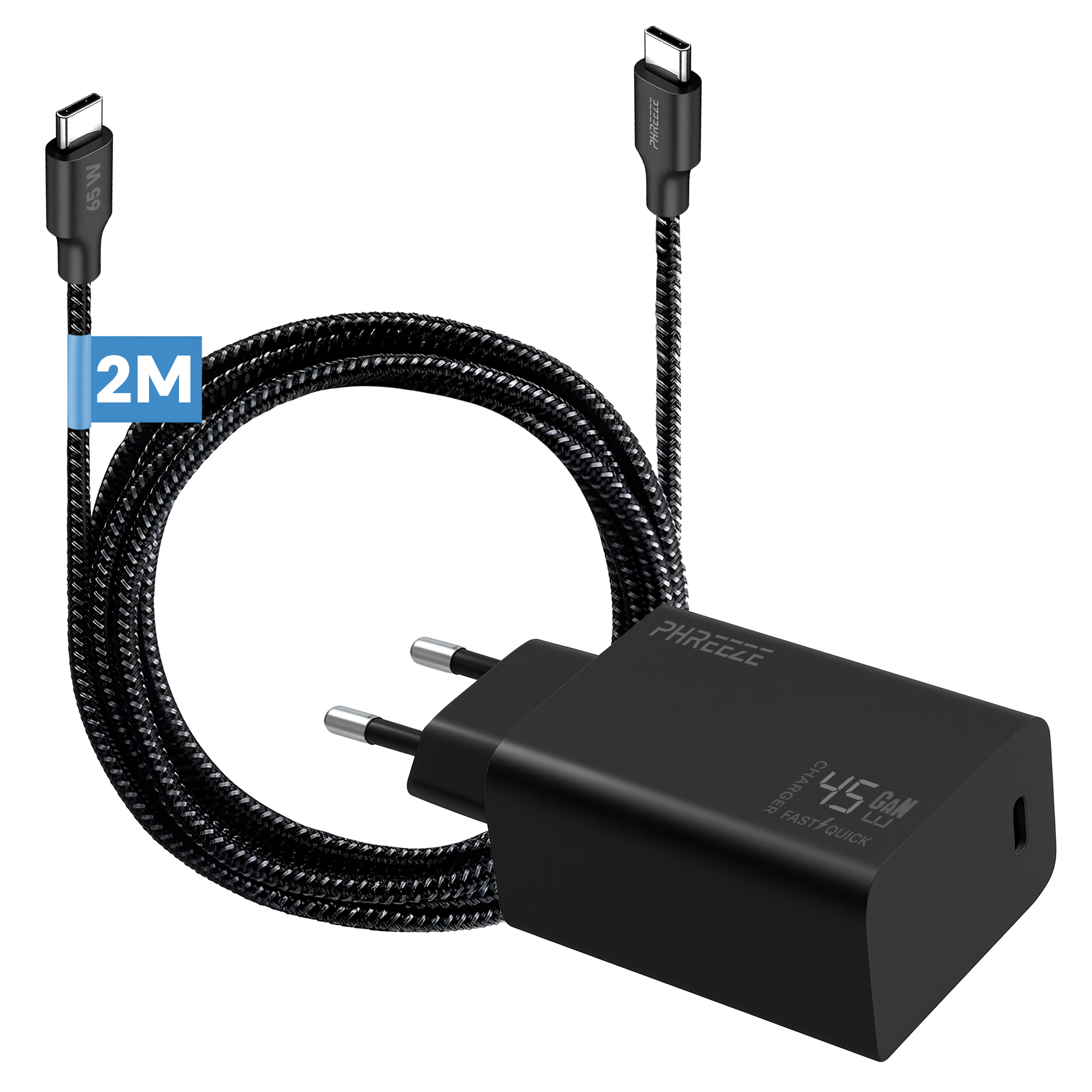 Black charger with a 2M black cable and a USB-C connector. The charger has a 45W output.