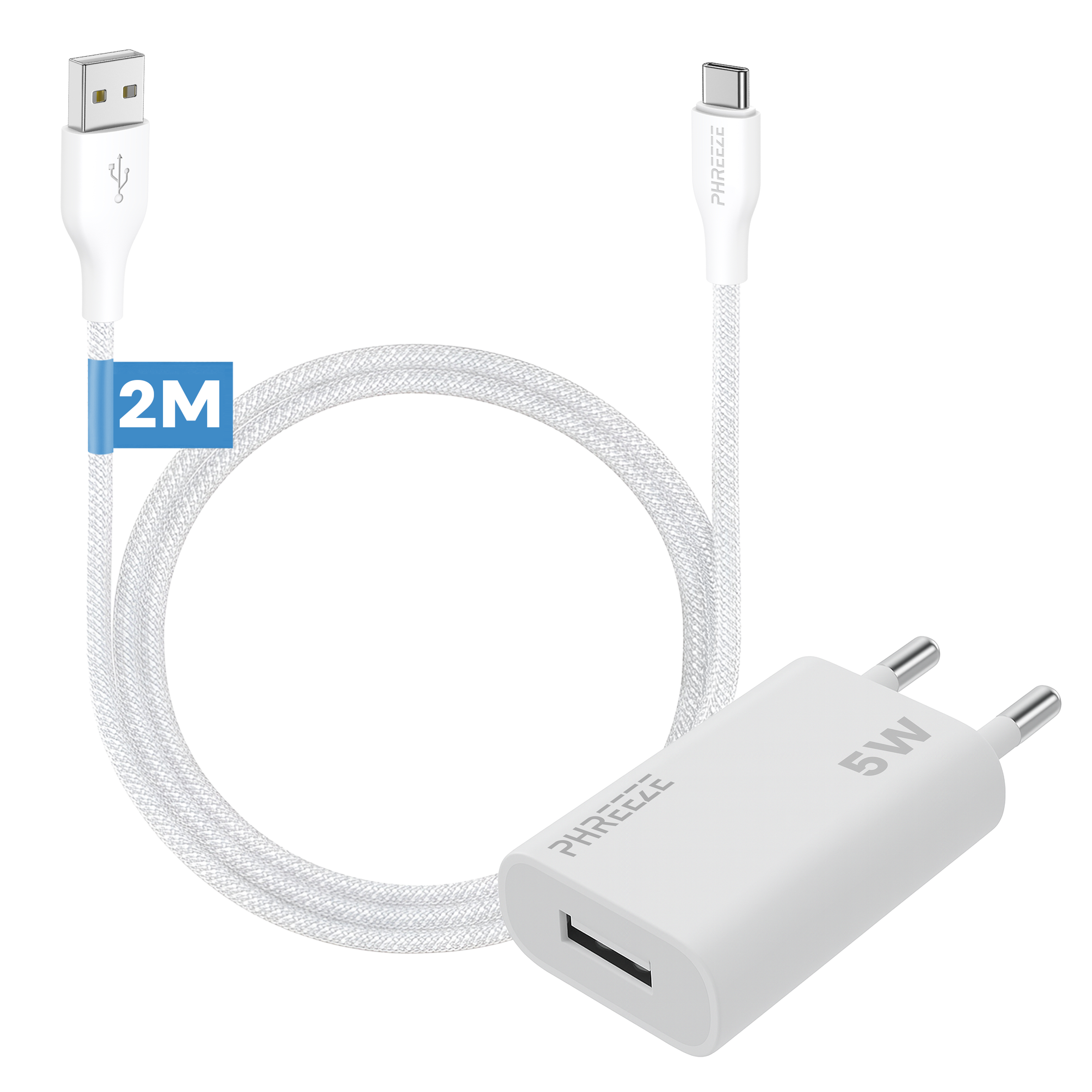 Een witte USB-oplader met een witte gevlochten kabel en een USB-A- en USB-C-connector. De oplader heeft een vermogen van 5W.