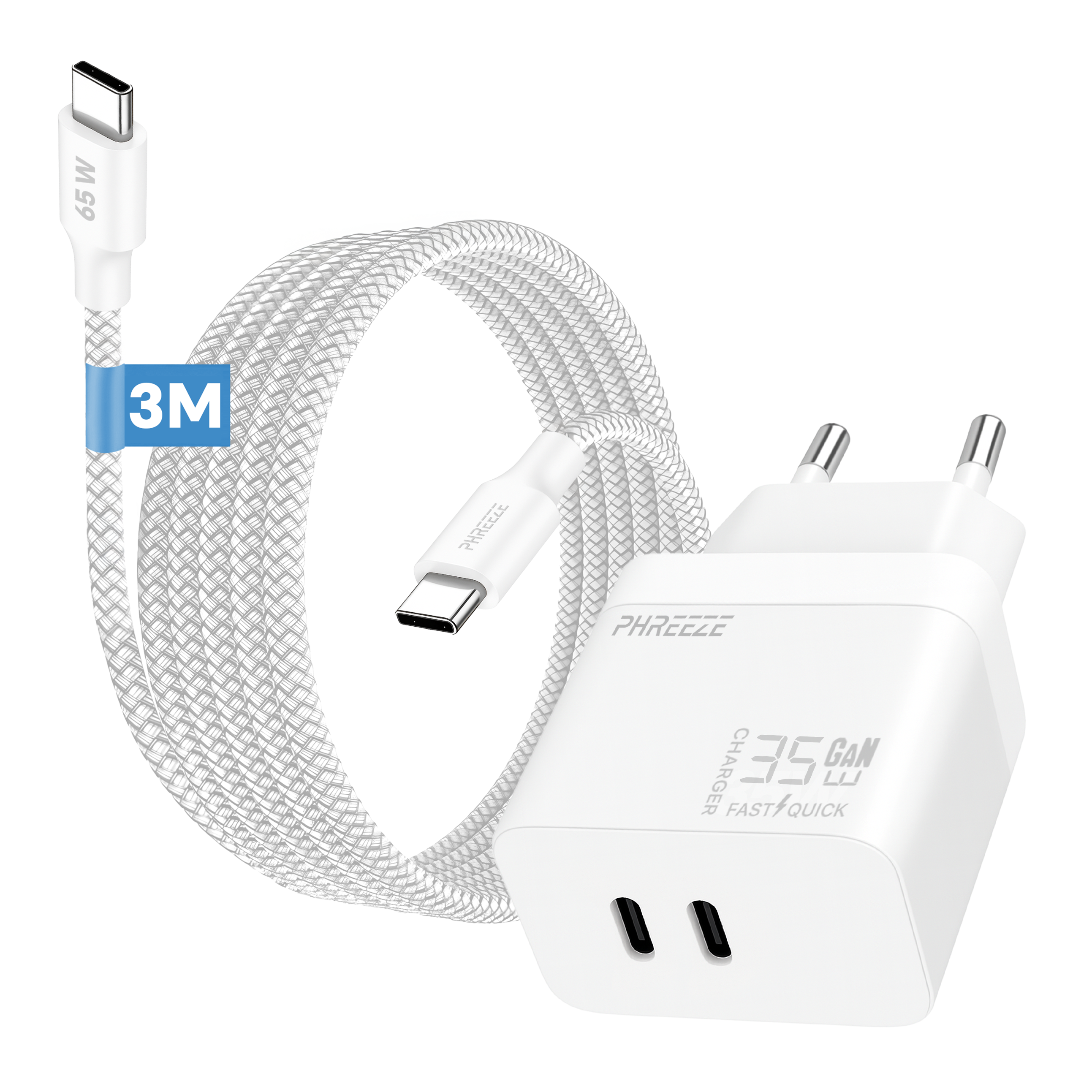 A white charger and cable with a braided design. The charger has two ports, and the cable has a USB-C connector.