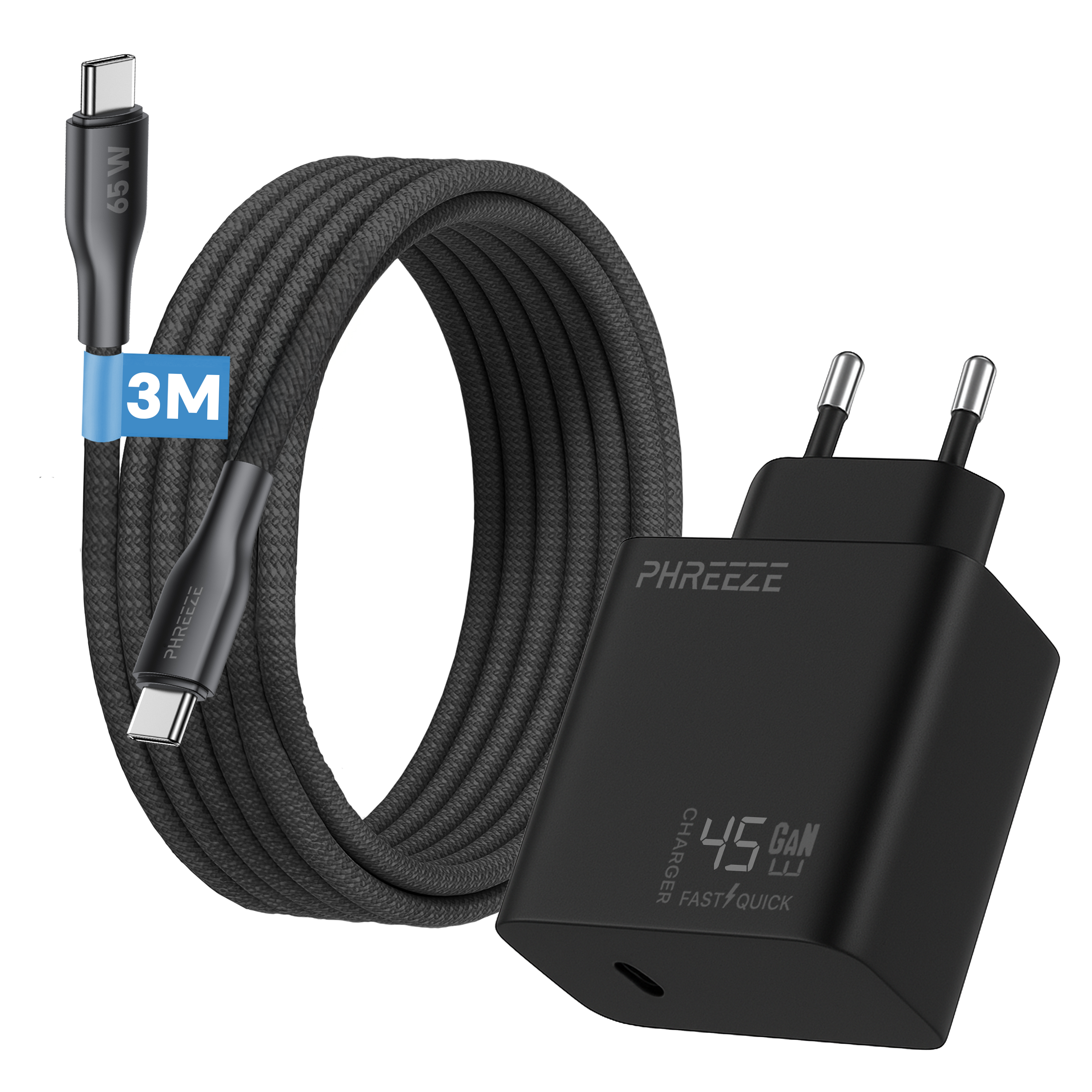 Black charger and cable. Charger displays 45W, black cable is 3M long, both with brand name PHREEEZE.