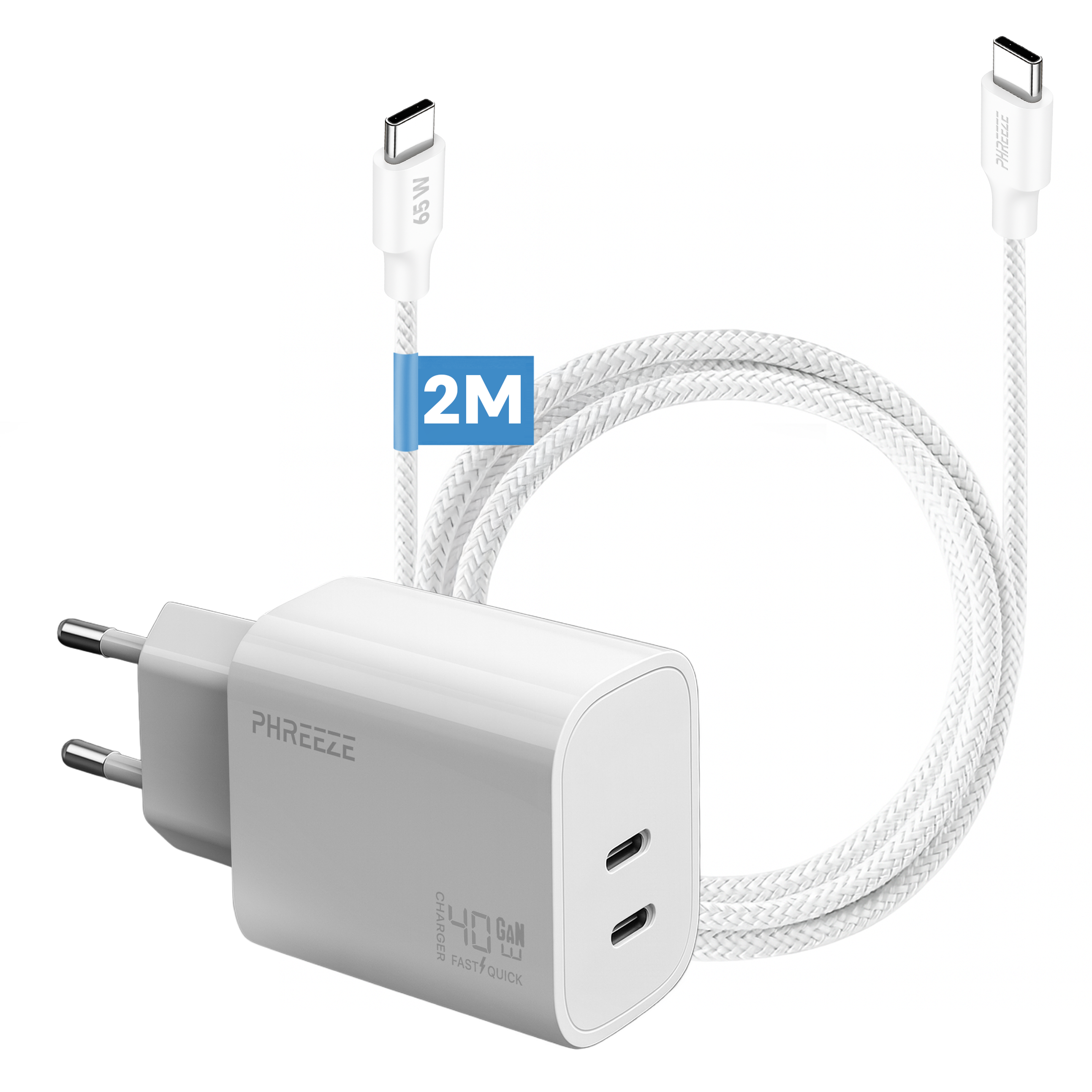 A white charger with a white cable. The charger has two USB-C ports and the cable is 2 meters long.