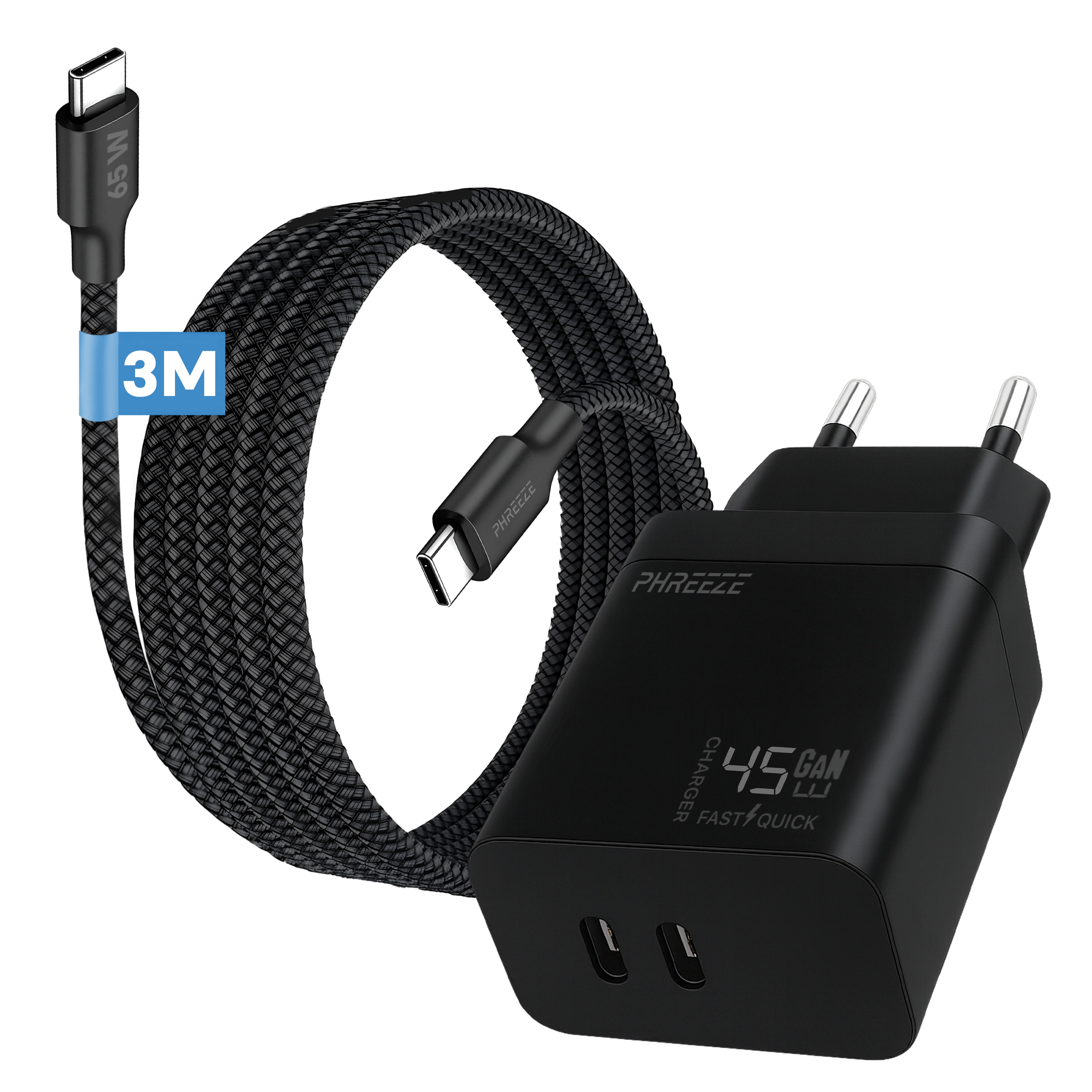 Black charger with a braided cable. The charger has two ports. The cable is labeled 3M and 65W.