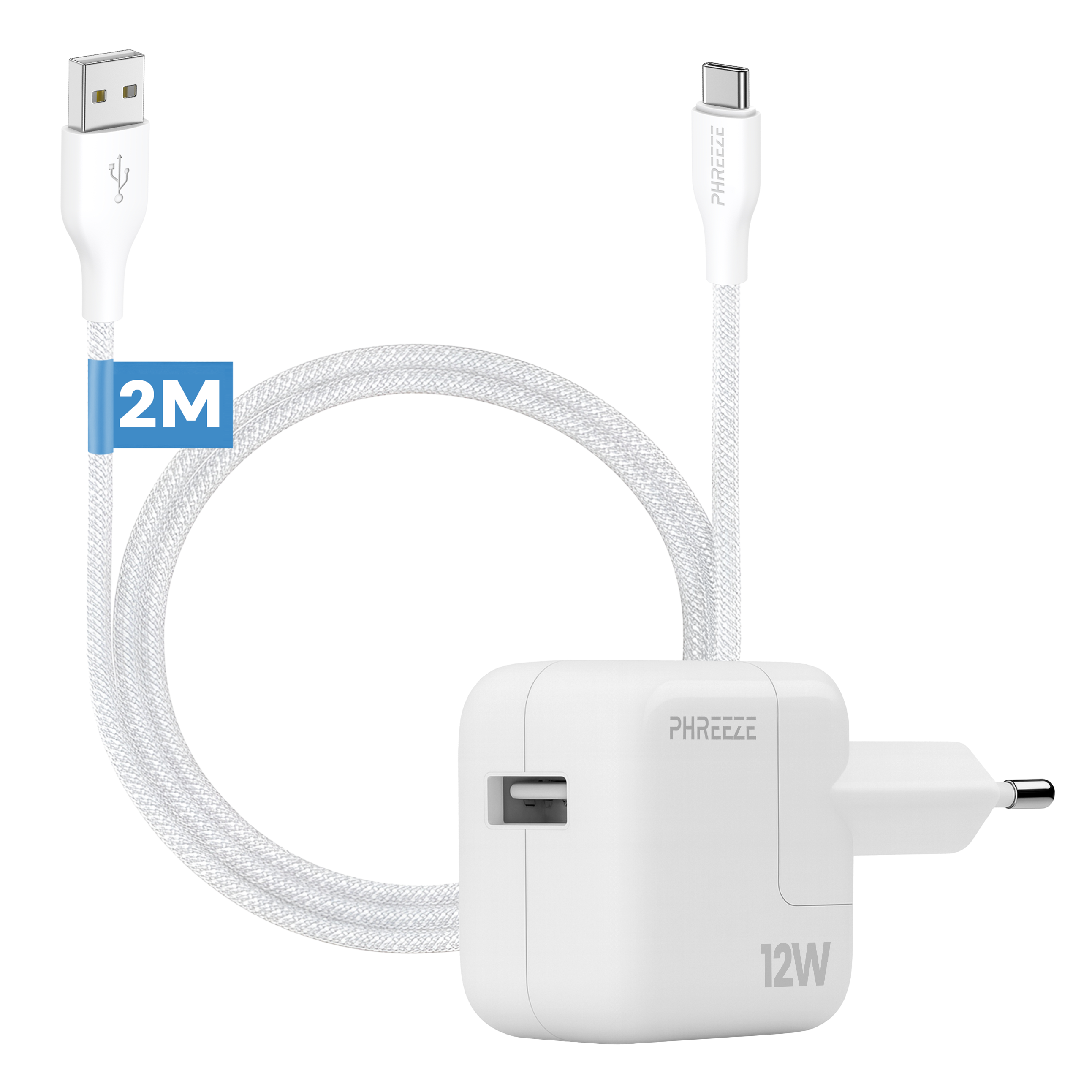 Een witte USB-oplader met kabel. Het heeft een USB- en een Type-C-connector. De oplader is gemarkeerd met 12W.