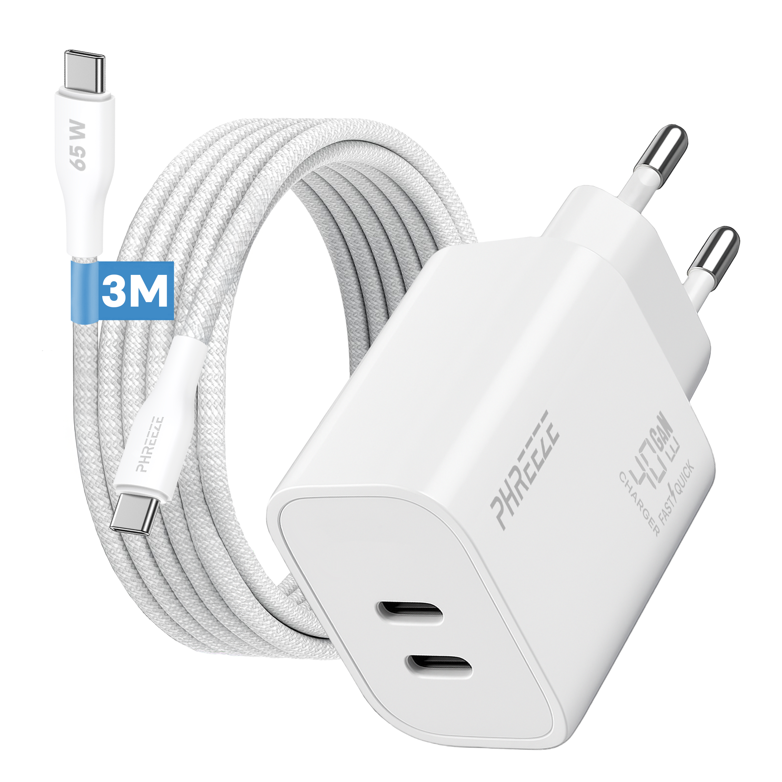 White charger and cable. The cable is woven. The charger has 2 ports. The cable is 3m.