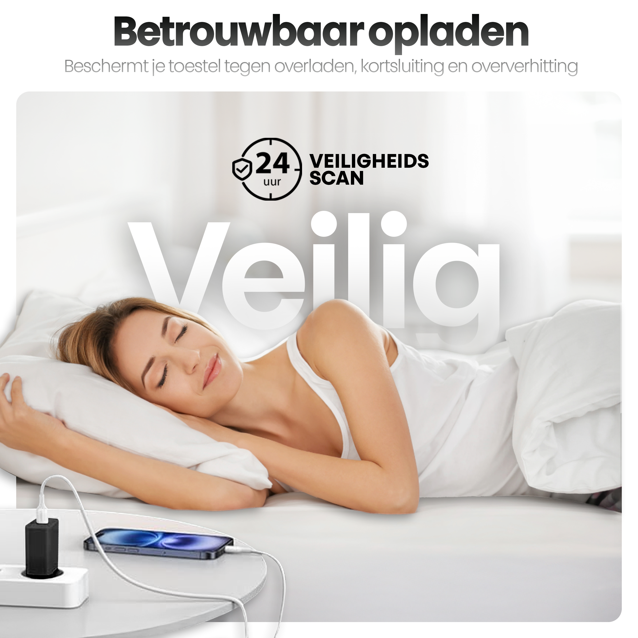 Vrouw slaapt in bed met telefoon aan het opladen. Oplader en telefoon op een nachtkastje. Tekstoverlays.