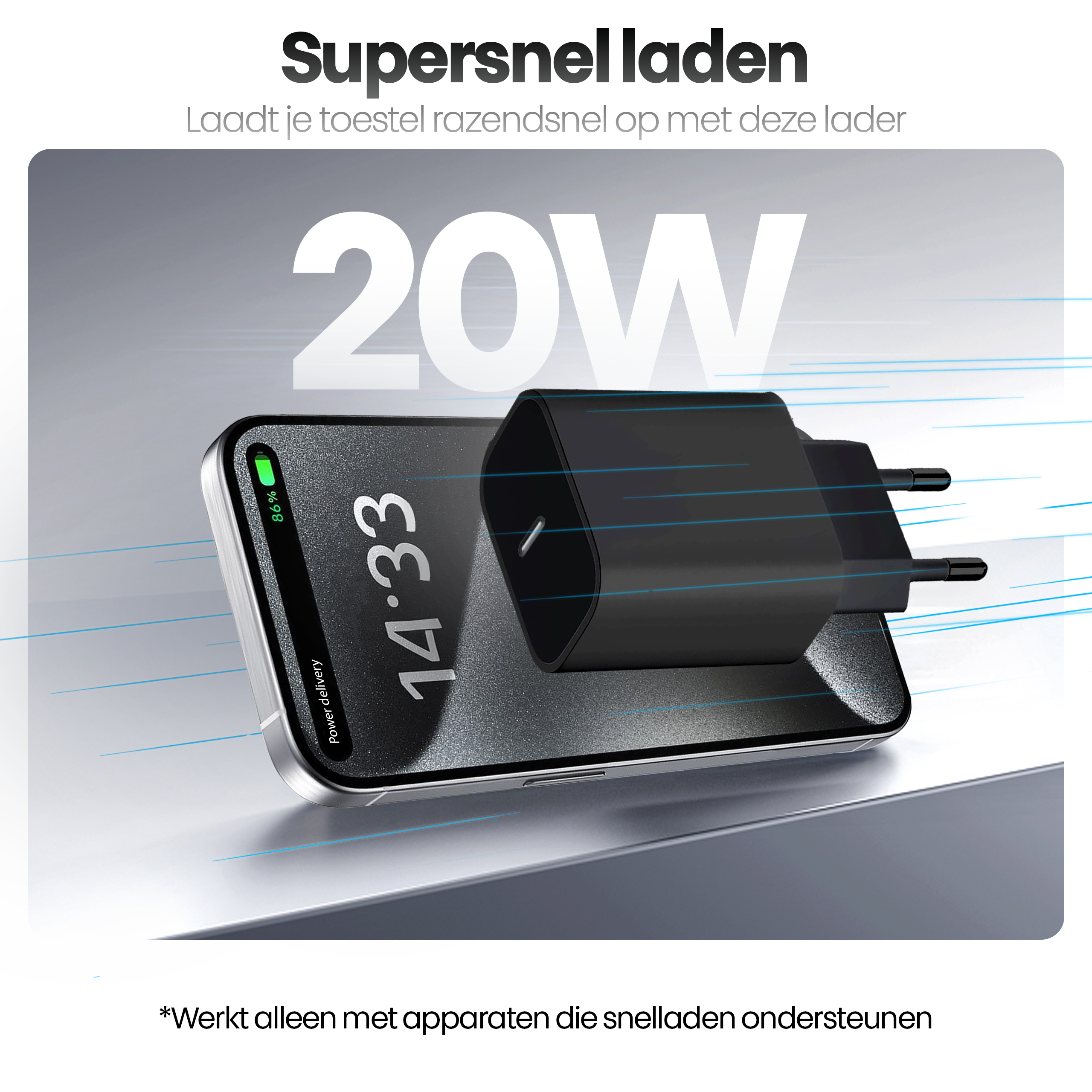 Afbeelding toont een telefoon die oplaadt met een 20W oplader. Het scherm toont 14:33 en 86% lading.