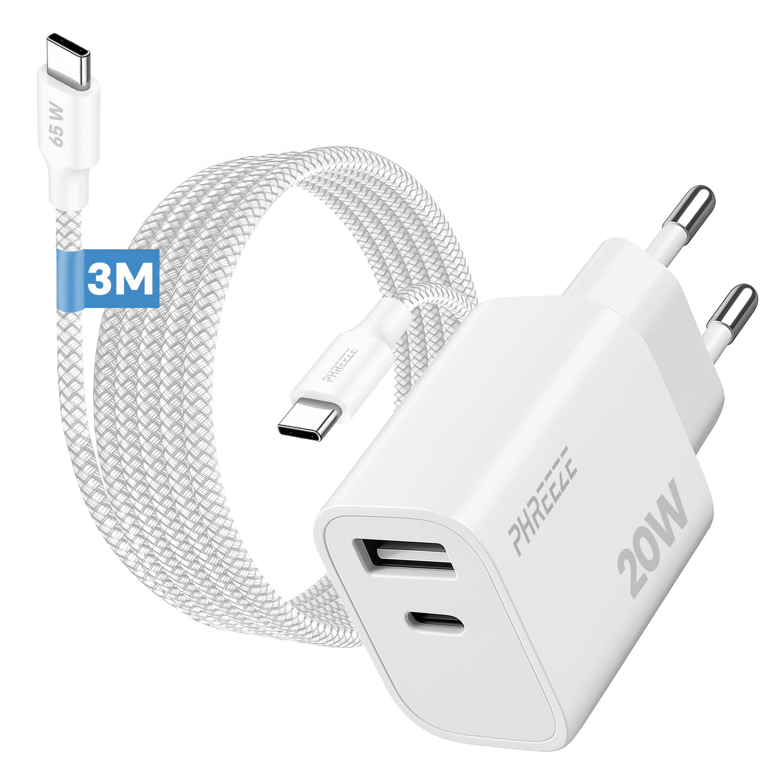 White charger with two USB ports, a white braided cable, and a USB-C cable connector. The charger is 20W.