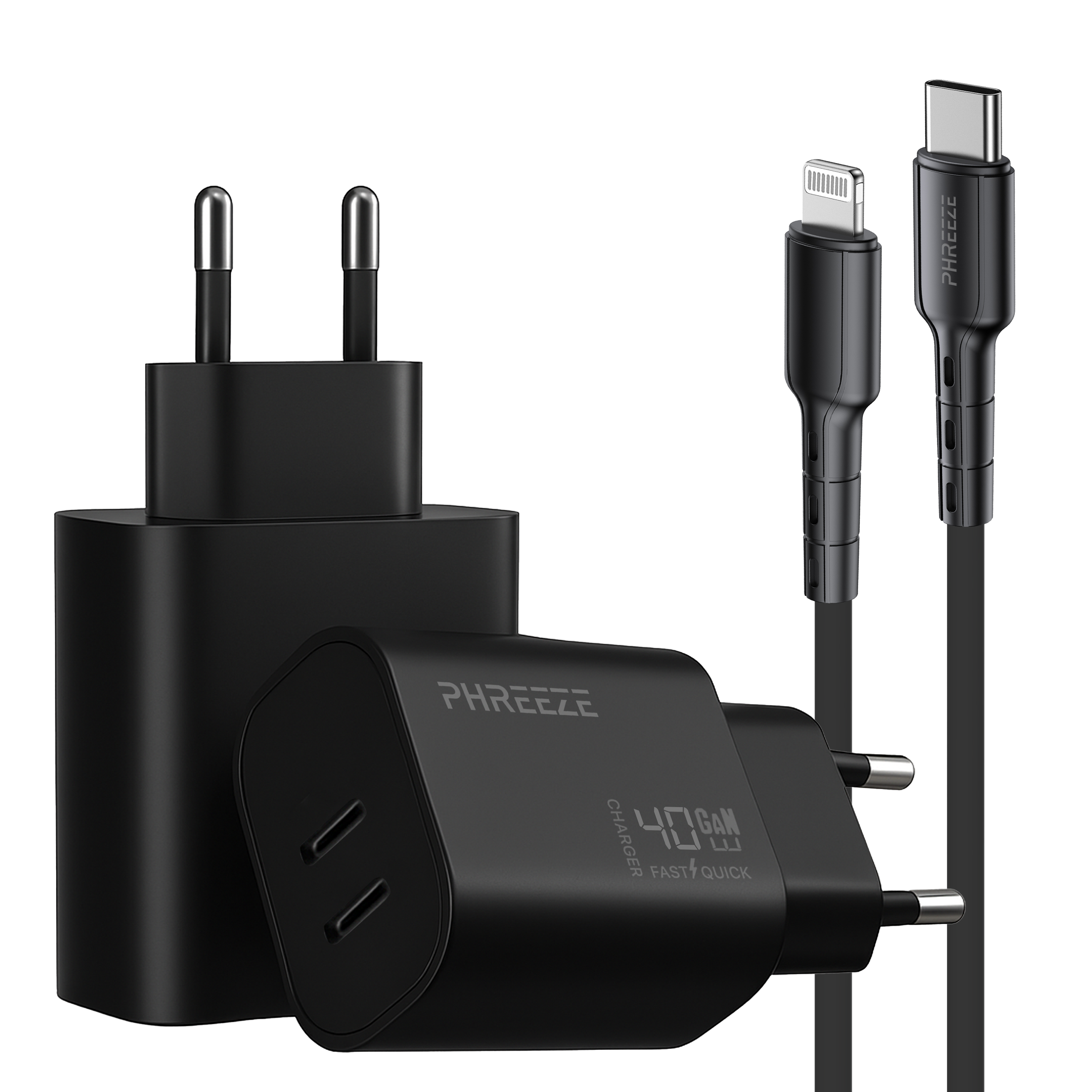 Zwarte oplader met kabel, Lightning- en USB-C-connectoren. De oplader heeft PHREEZE-branding en 40W snelladen.