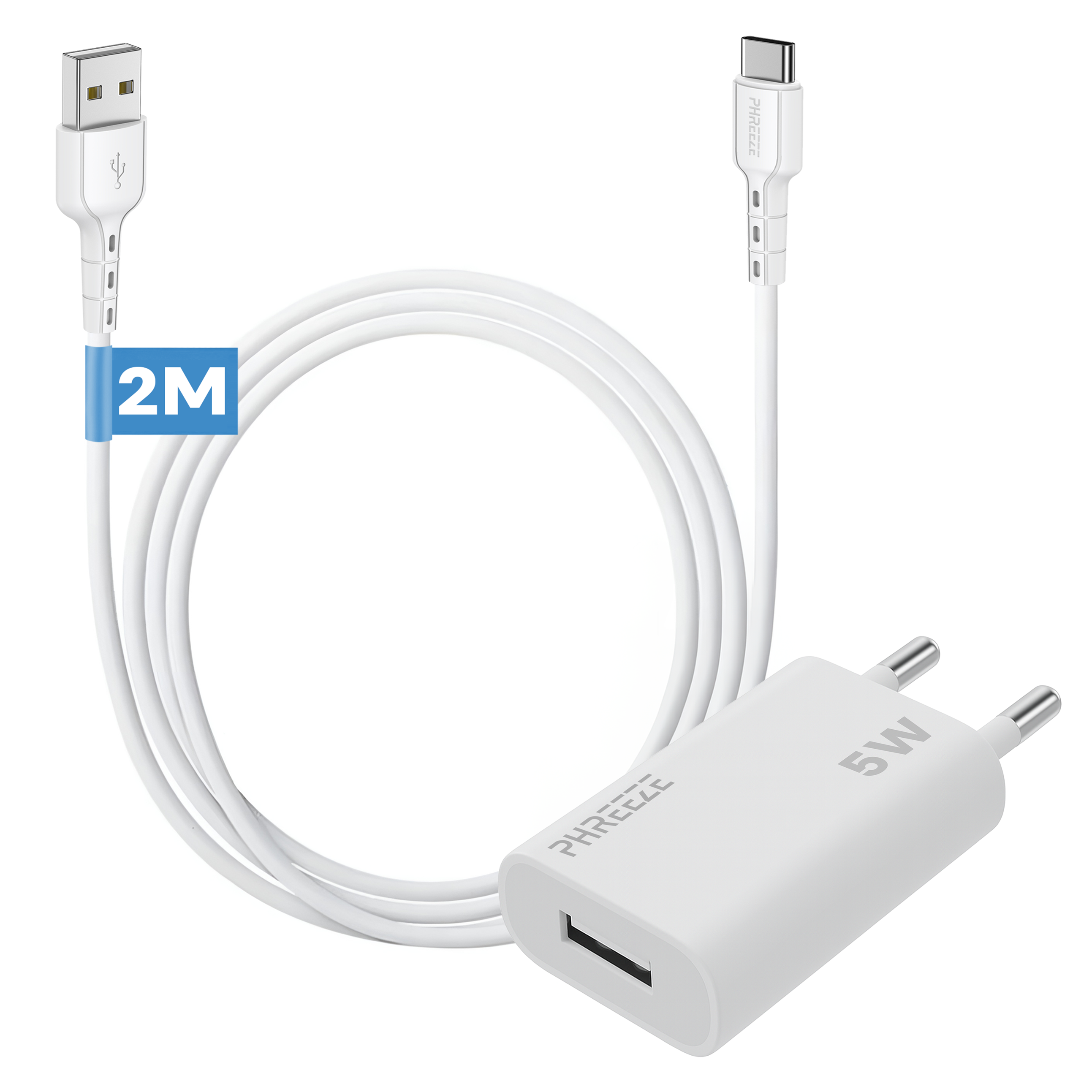 Witte USB-oplader en -kabel. Oplader heeft een USB-poort en 5W tekst. Kabel heeft USB- en USB-C-connectoren.