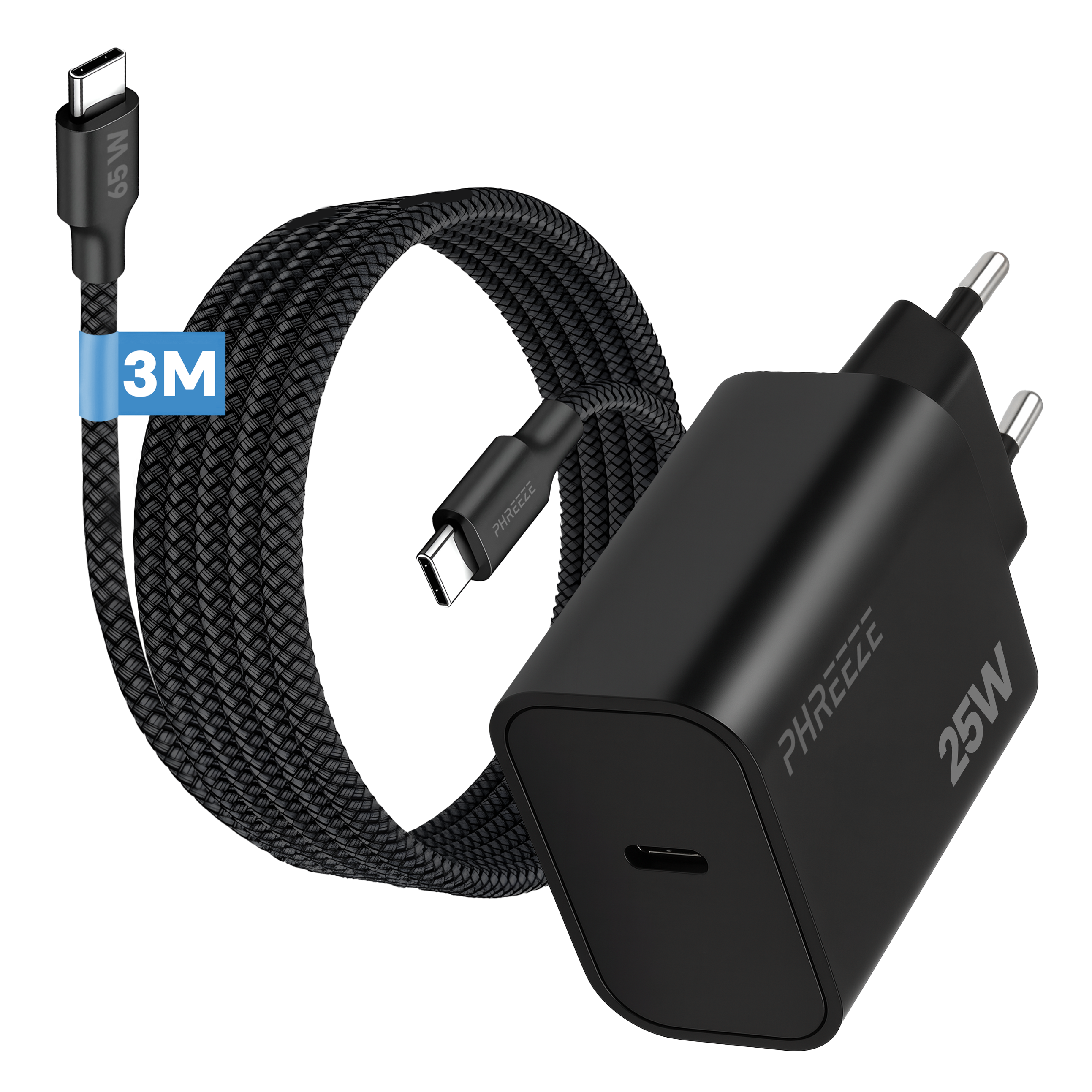 Black charger with cable, 3M, 65W, and 25W. The cable is braided. There is a blue tag with 3M written on it.