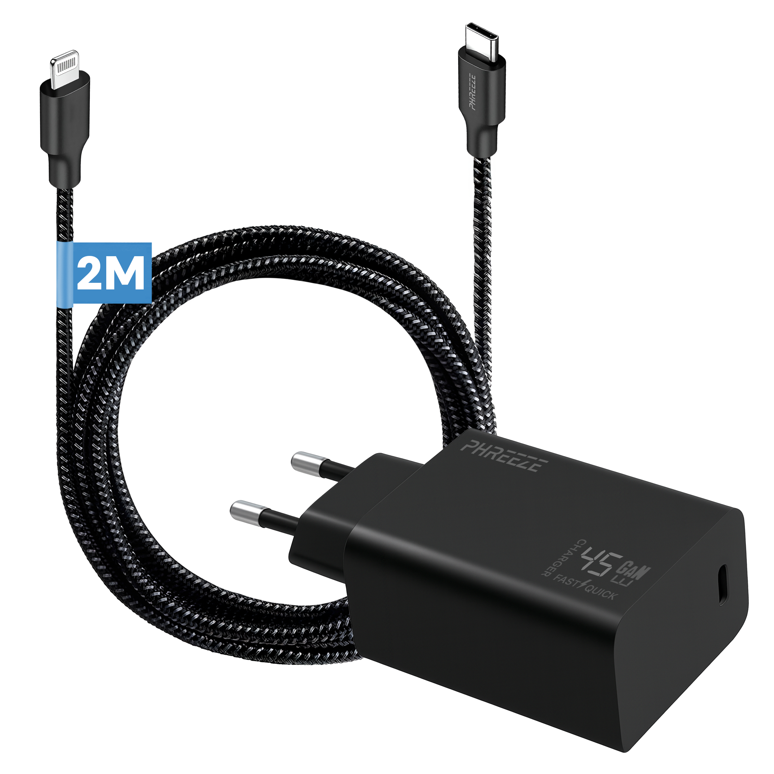 Zwarte oplader met twee kabels. Eén heeft een Lightning-connector, de andere USB-C. Een blauw label leest '2M'.