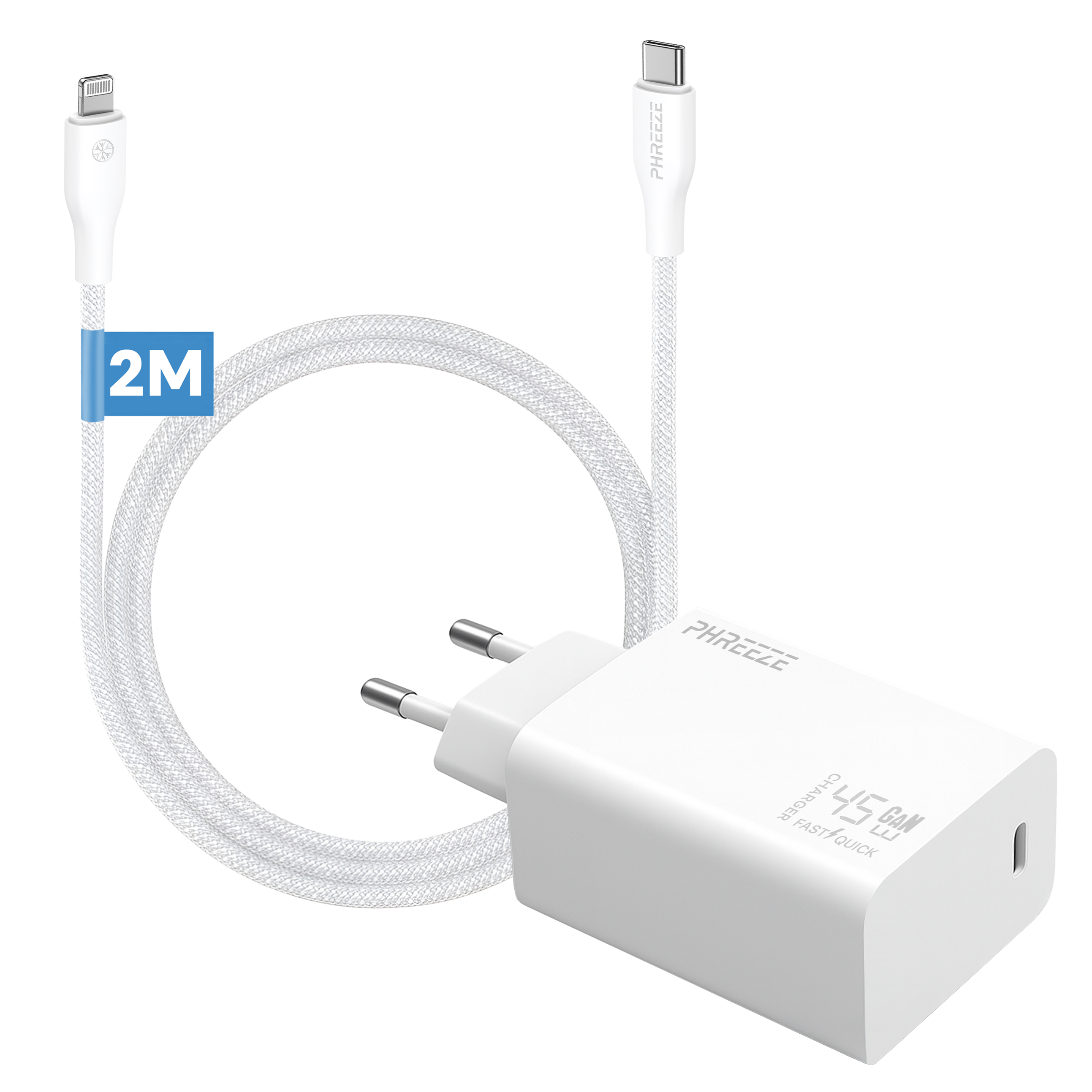 Een witte oplader en kabel. De kabel heeft een Lightning- en USB-C-connector. Oplader heeft 45W en Fast Quick.