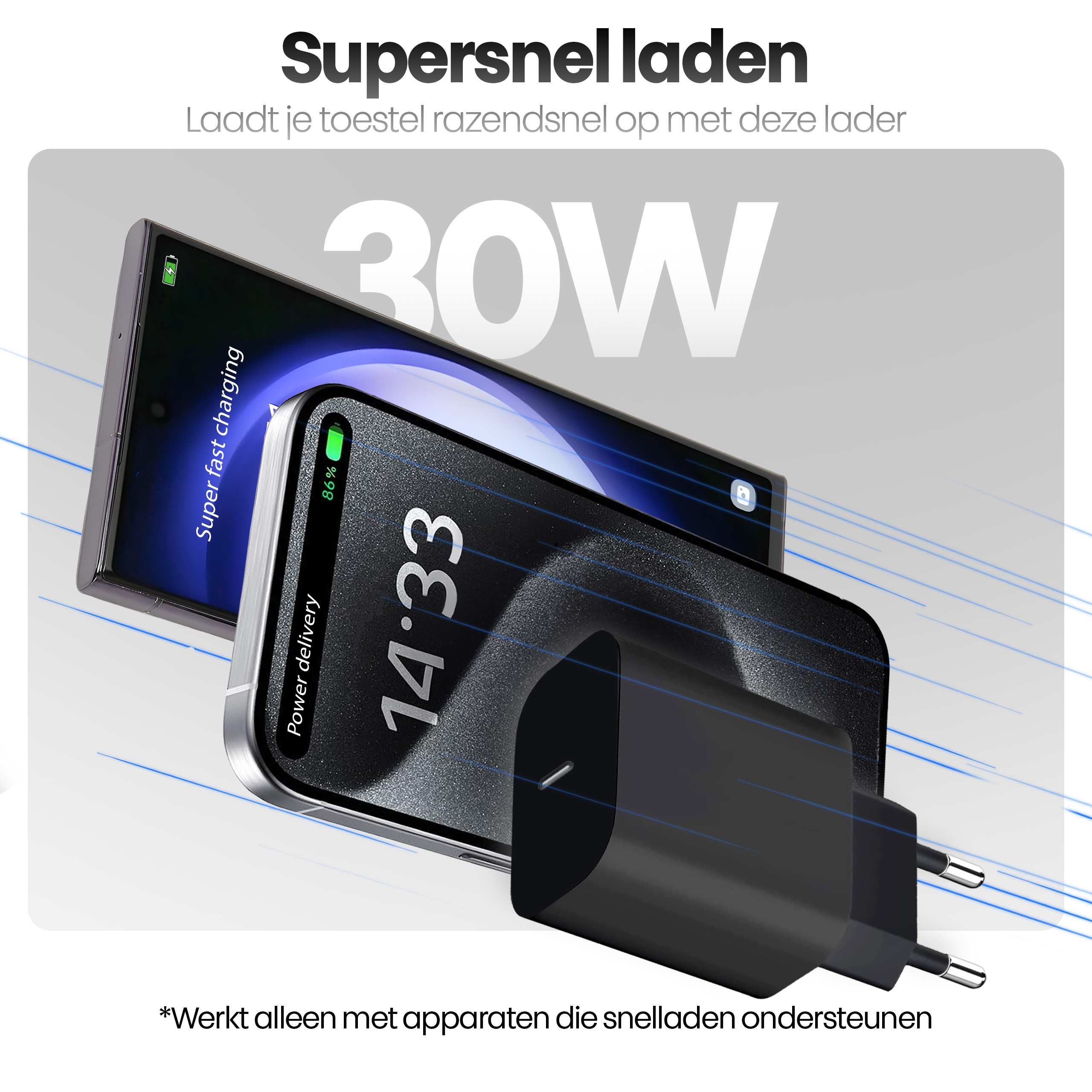Afbeelding toont een telefoon die oplaadt met een oplader. De telefoon toont 86% lading en 14:33. Een 30W label is zichtbaar.
