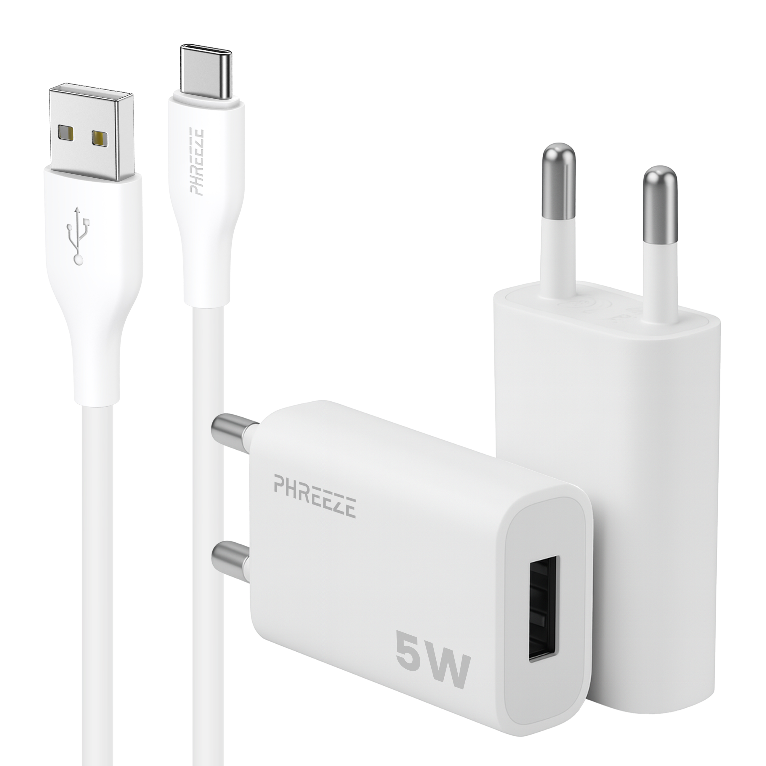 Witte telefoonoplader en kabels. Bevat twee opladers en een USB naar USB-C kabel. Alle items zijn wit.