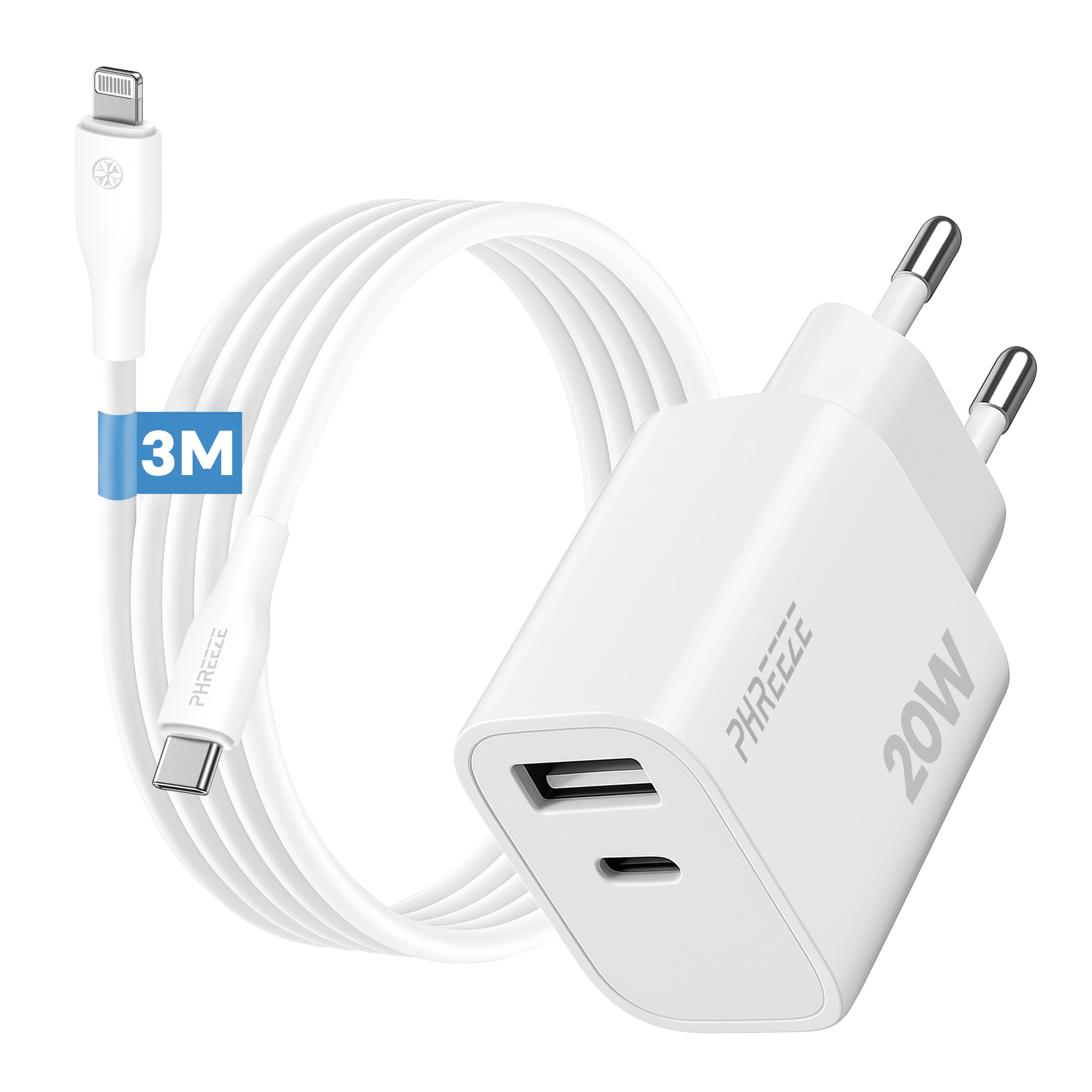 Witte oplader met kabel, Lightning- en USB-C-aansluitingen. De oplader heeft twee USB-poorten en is 20W. Kabel is 3m.