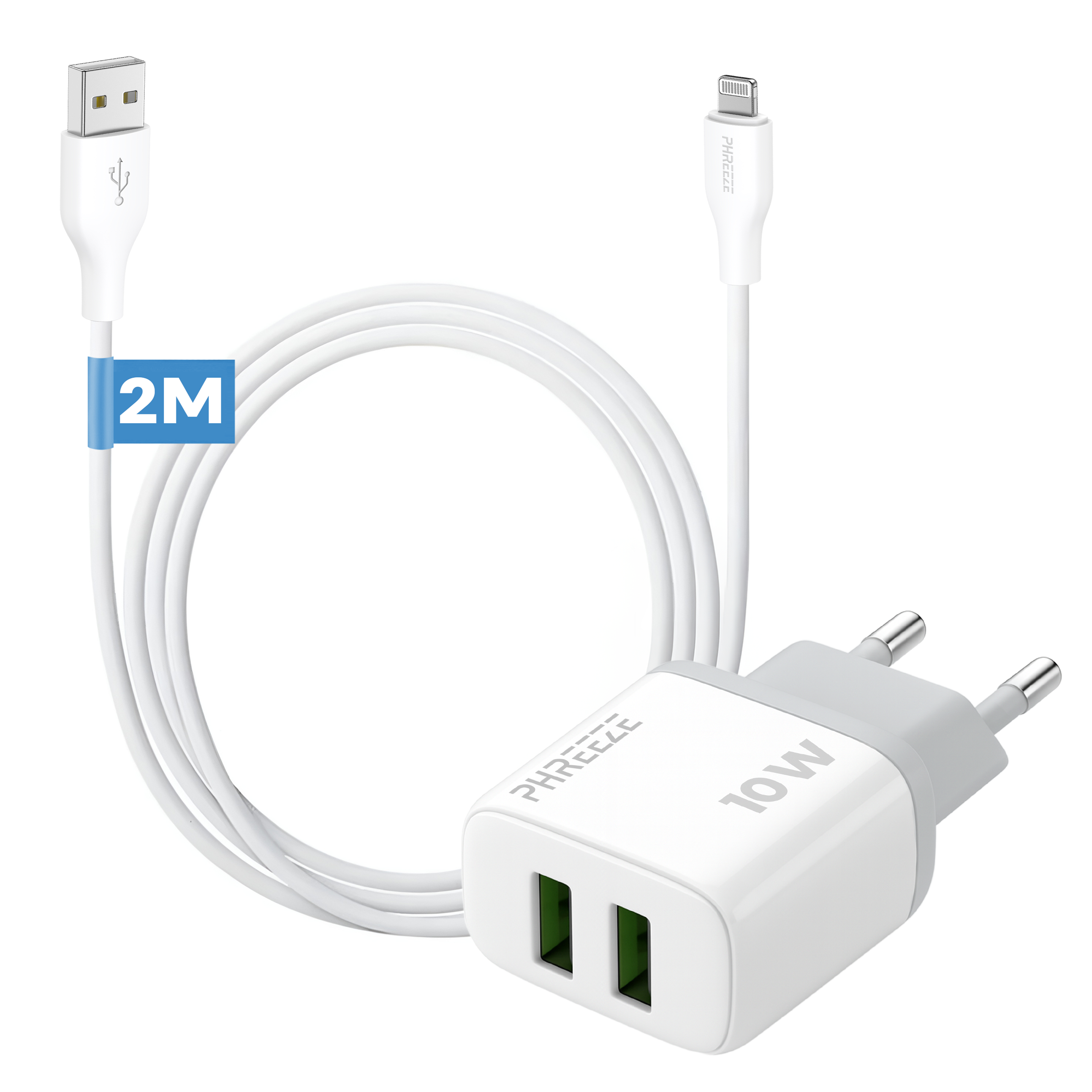 Witte oplader met USB- en Lightning-connectoren, een kabel van 2M en een adapter met twee poorten van 10W.